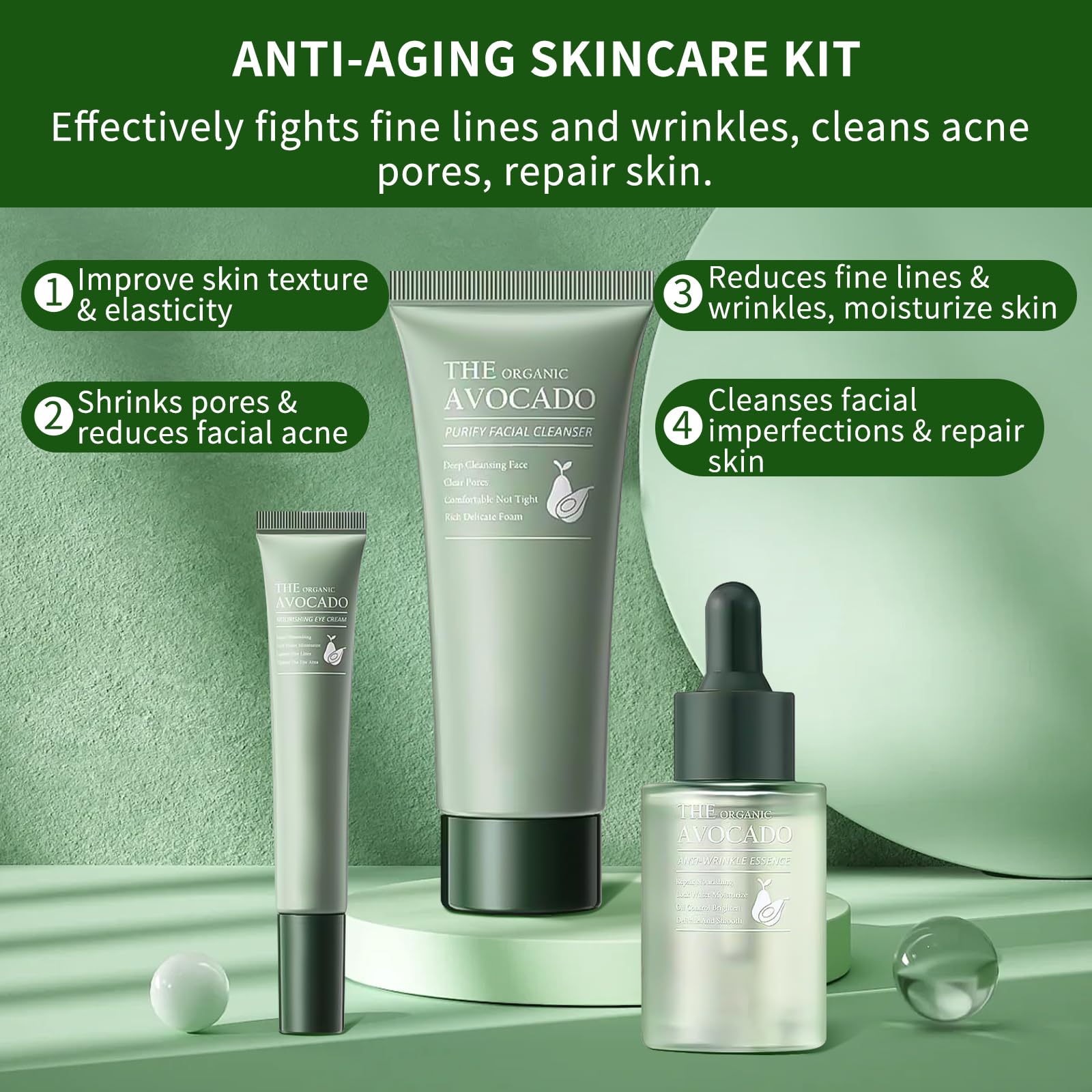 Avocado Skin Care Set, Skincare Gifts Kits For Hydrating Skin, Anti Aging Facial Kit For Women With Facial Cleanser, Toner, Face Serum, Lotion, Face Cream, Eye Cream. (6 Pieces)