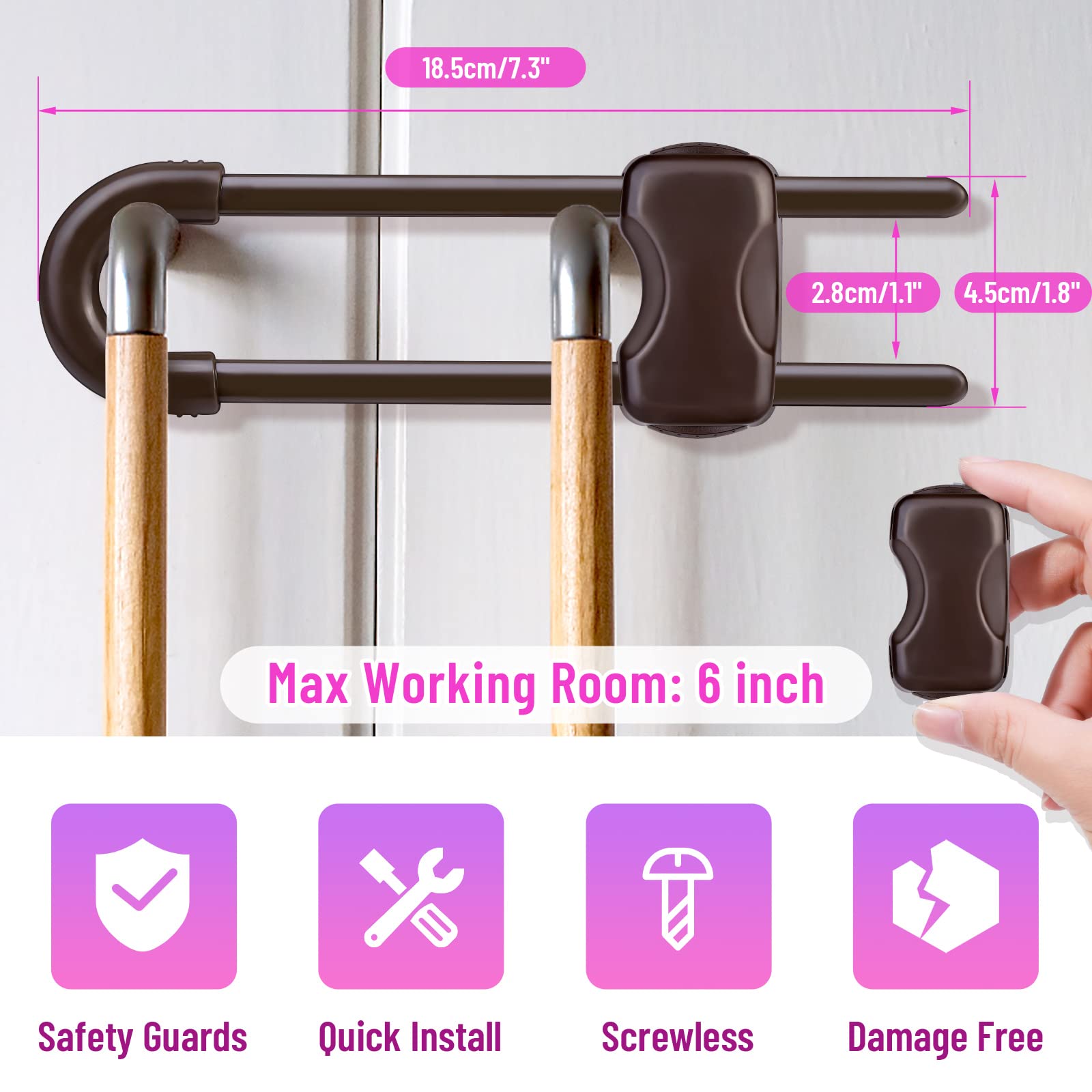 12 Packs Baby Proofing Sliding Cabinet Locks modacraft U-Shaped Child Safety Latches Adjustable White Locks for Handles Knobs Drawers Closet Cupboard - Brown