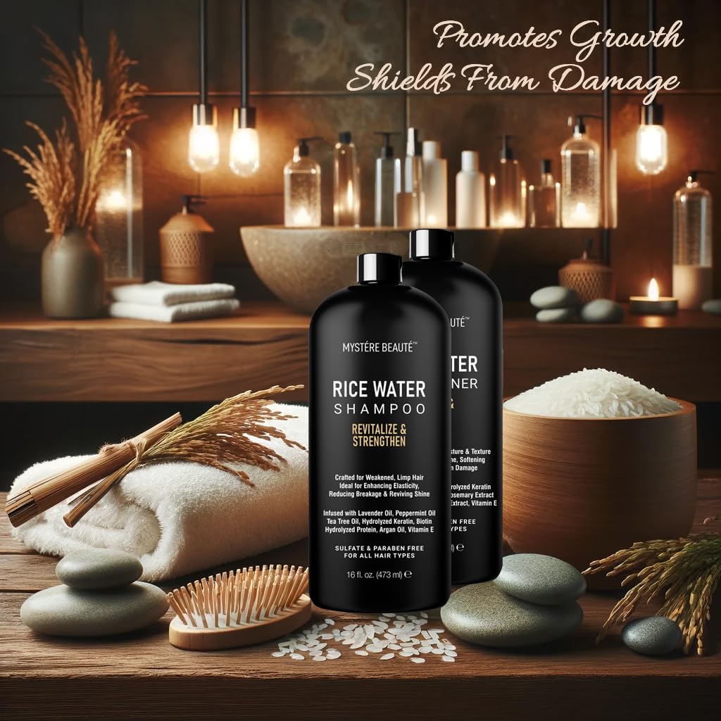 MYSTÉRE BEAUTÉ Rice Water Shampoo and Conditioner Set - Ultra-Nourishing Hair Care Set, Promotes Growth, Revitalizes Shine, and Shields from Damage - Infused with Essential Oils - 16 fl oz Each