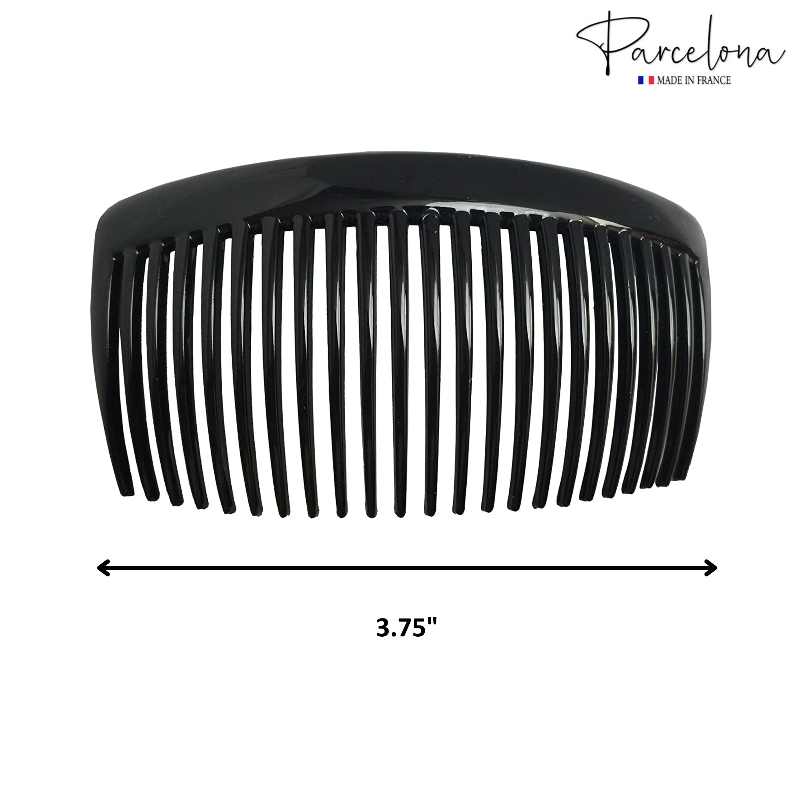 Parcelona French Large 2 Pieces Glossy Black Cellulose Acetate Good Grip Updo 23 Teeth Hair Side Combs 4.25 Inches