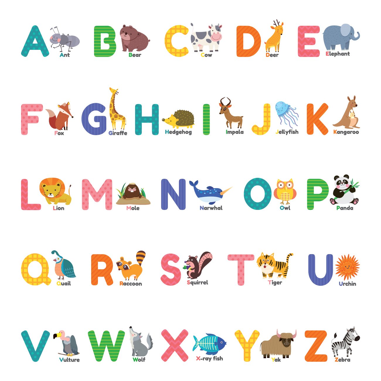 DECOWALL DS-8014 Colourful Animal Alphabet ABC Kids Wall Stickers Wall Decals Peel and Stick Removable Wall Stickers for Kids Nursery Bedroom Living Room (Small) décor