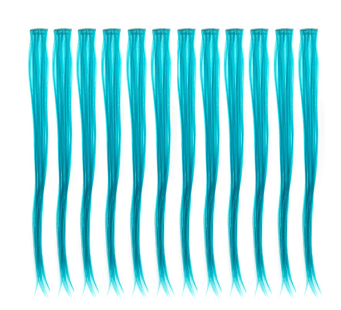 Teal Blue : SWACC 12 Pcs Straight One Color Party Highlights Clip on in Hair Extensions Colored Hair Streak Synthetic Hairpieces (Teal Blue)