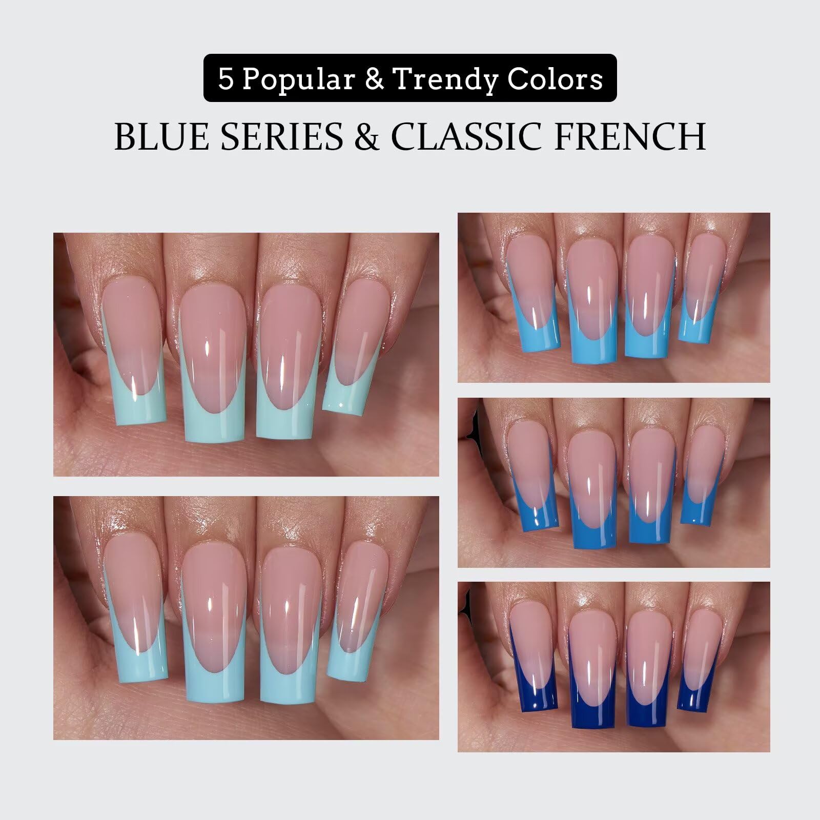 BTArtboxnails XCOATTIPS French Tip Press On Nails - Blue Press On Nails Square, Long Fake Nail Tips, 150Pcs Soak Off Soft Gel Acrylic Nail Extension in 15 Sizes