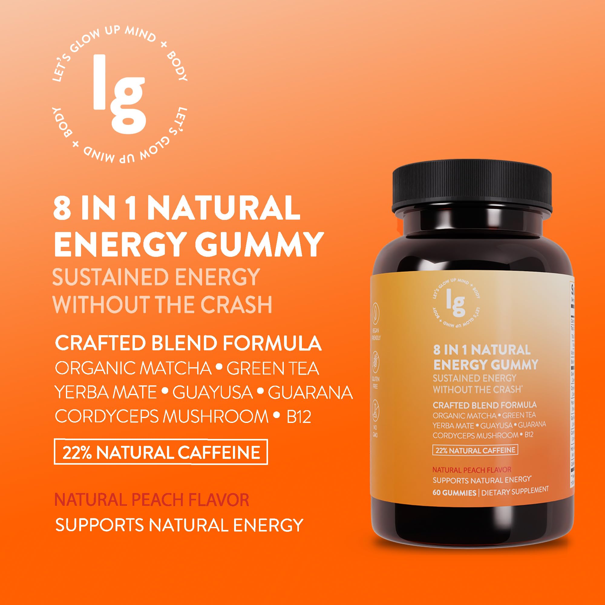 8-in-1 Natural Energy Gummies, Vitamin B12, Sleep Gummies, Womens Multivitamin Gummy, Energy Chews, Vitamin C Gummies, Running Gummies, Peach Flavor, Energy Supplements, 22% Caffeine, 60 Count