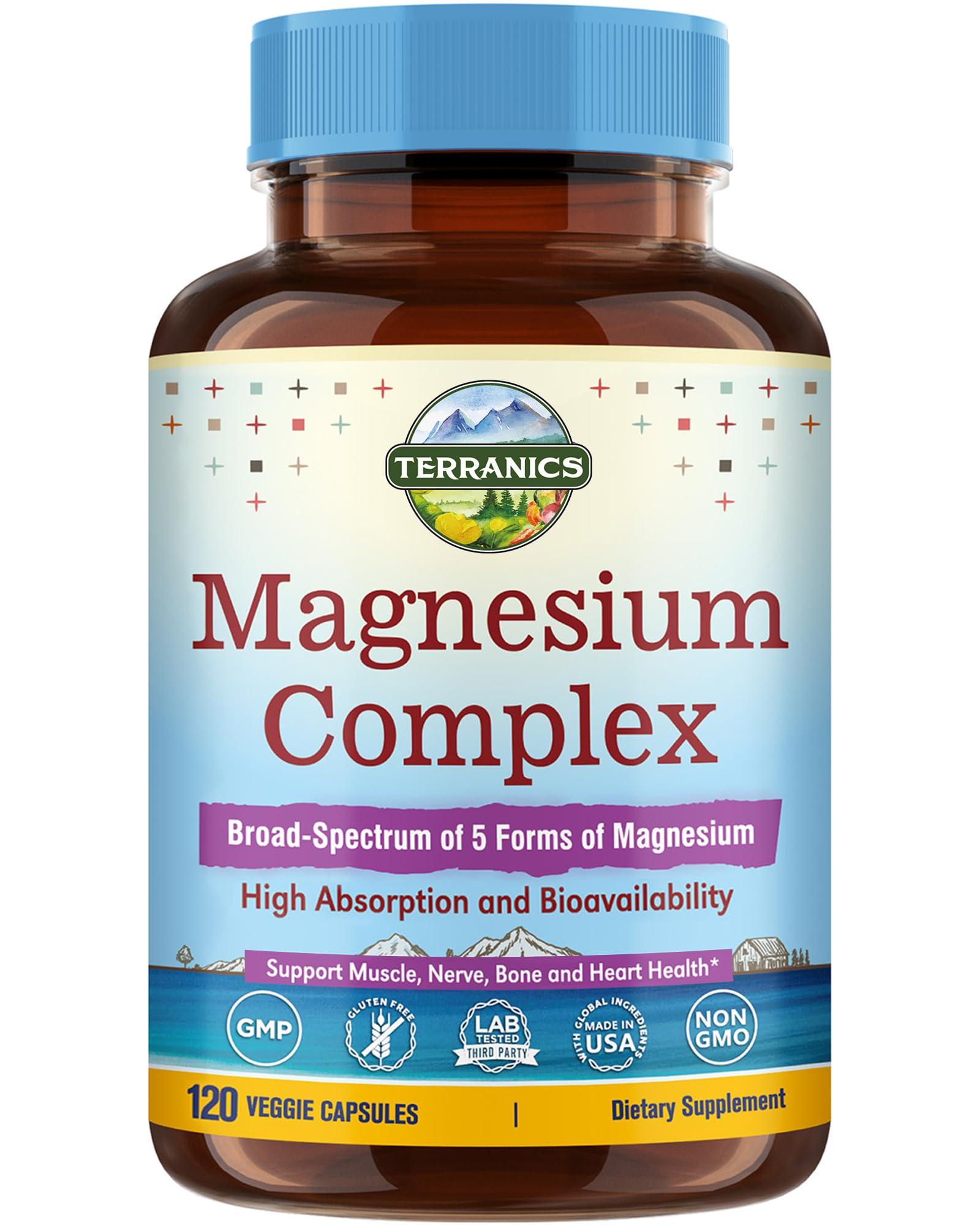 Terranics 5-in-1 Magnesium Complex Supplement 500mg - 5 Forms High Absorption Magnesium Glycinate Citrate Malate Aspartate Gluconate - Non-GMO 120 Vegan Magnesio Capsule for Sleep Muscle Heart Health