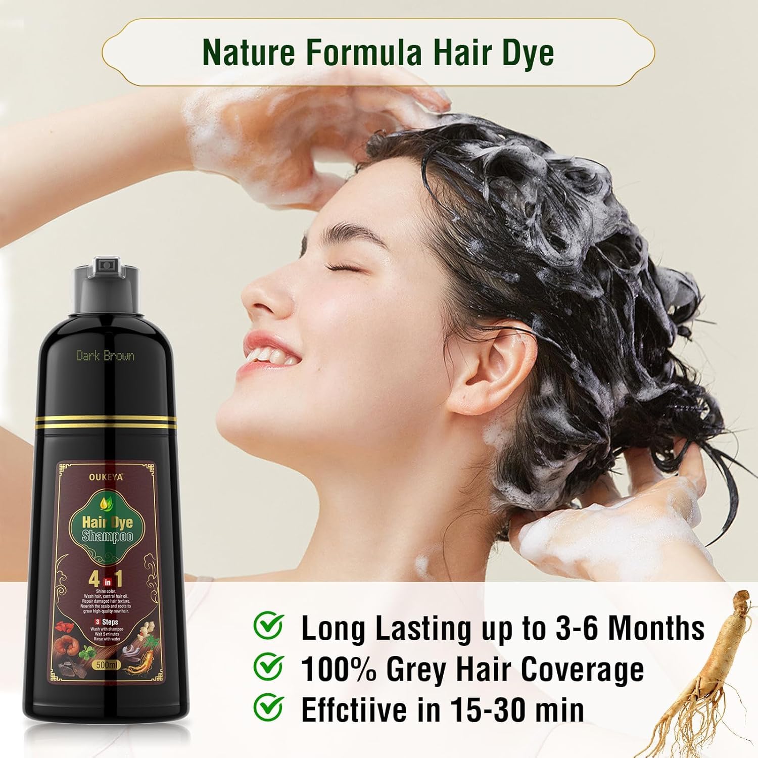 OUKEYA Dark Brown Hair Dye Shampoo 4 In 1, Hair Color Shampoo for Gray Hair Coverage for Women & Men, Instant Natural Herbal Ingredients Color Shampoo Hair Dye, Professional Salon-Level Treatments