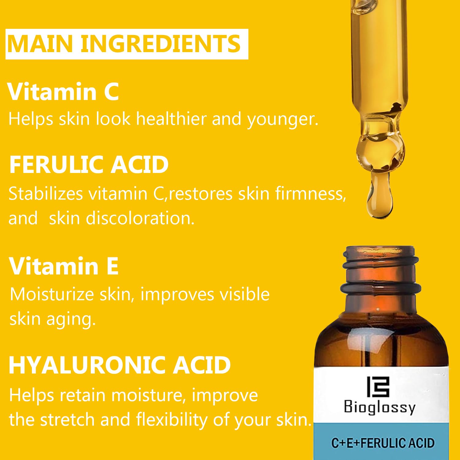 Bioglossy Vitamin CE Ferulic Acid Serum 20% Vitamin C Serum + Vitamin E & Hyaluronic Acid - Skin Moisturizer Face Dark Spot Corrector and Anti Aging 30ml / 1 fl.oz