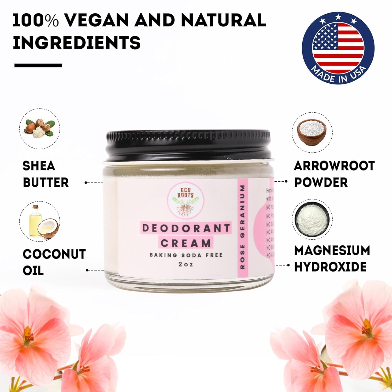 ECO ROOTS Natural Deodorant for Women & Men | Organic Deodorant Cream Non Aluminum | Baking Soda Free Healthy Deoderant for Body & Private Parts | All Vegan Pit Paste Zero Sweat | Rose Geranium Scent