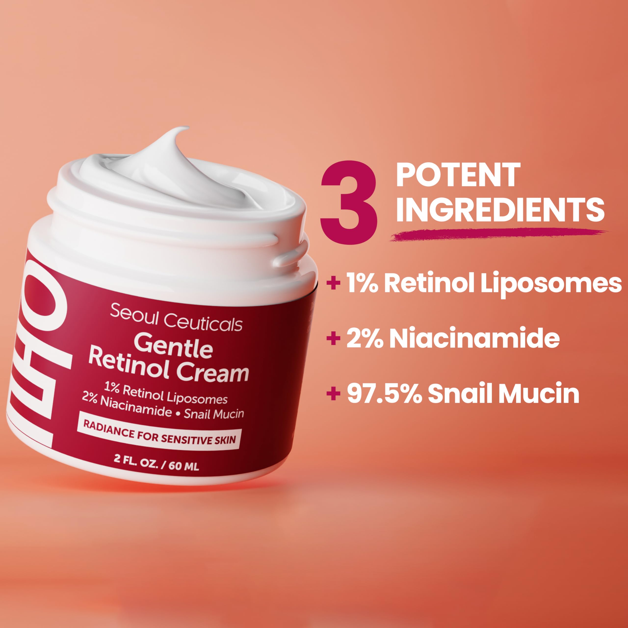 SeoulCeuticals 1% Korean Retinol Night Cream - 97.5% Snail Mucin + 2% Niacinamide Moisturizer for Face - Gentle K Beauty for Sensitive Skin 2oz