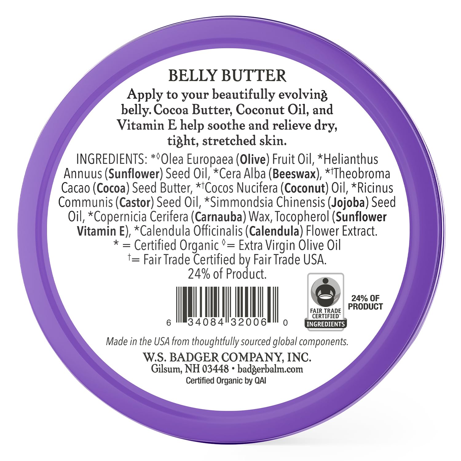 Badger Belly Butter, Organic Stretch Mark Cream for Pregnant Belly, Rich Hypoallergenic Moisturizing Organic Cocoa Butter & Coconut Body Butter for Women, 2 oz Tin