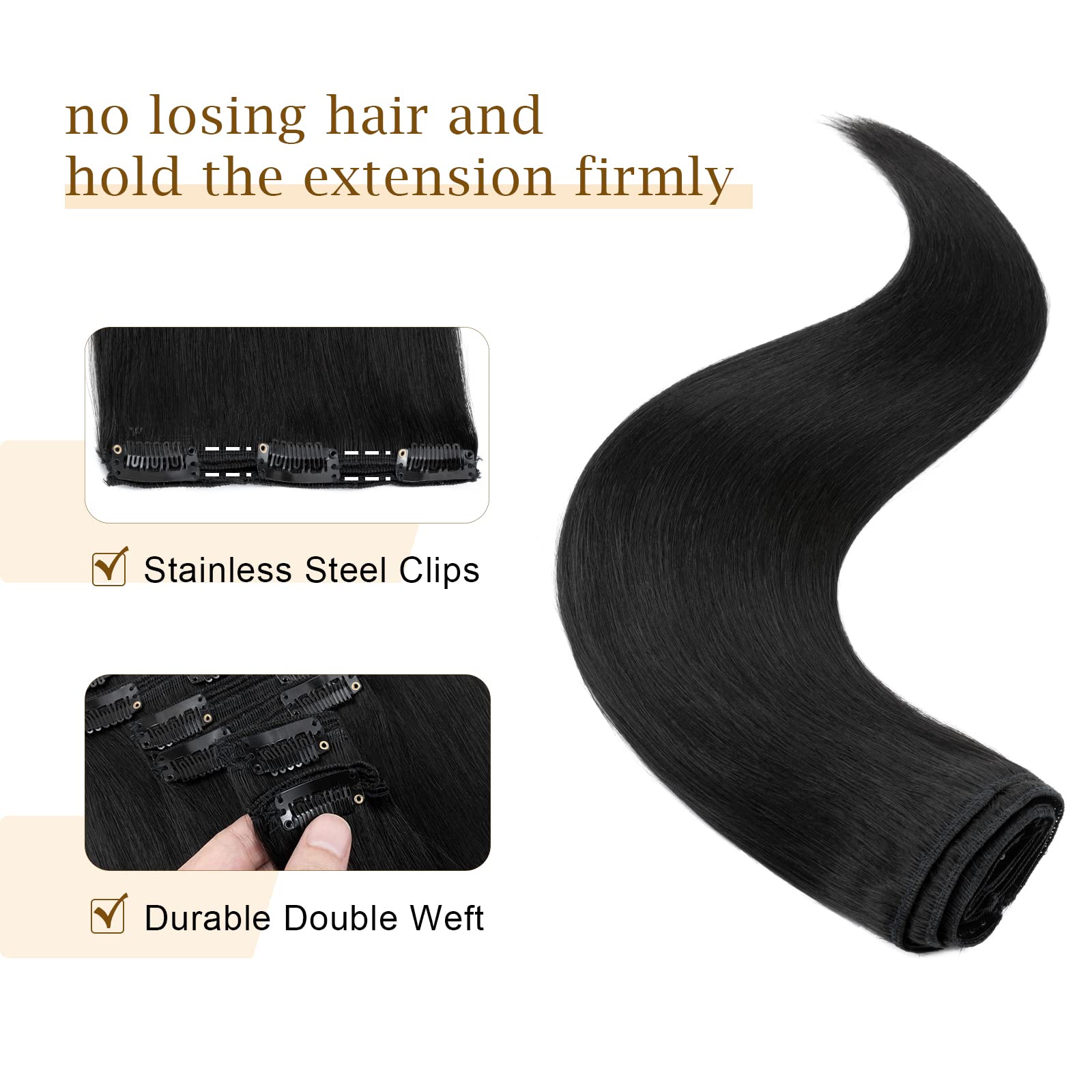 Double Weft 100% Clip in Remy Human Hair Extensions #1 Jet Black 10'-22' Grade 7A Quality Full Head Thick Thickened Short Soft Silky Straight 8pcs 18clips for Women Beauty 10 / 10 inch 110g