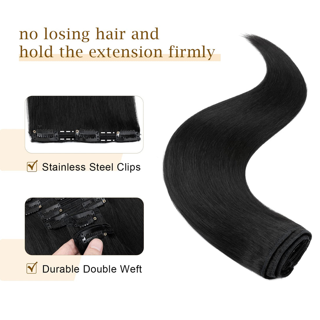 Double Weft 100% Clip in Remy Human Hair Extensions #1 Jet Black 10'-22' Grade 7A Quality Full Head Thick Thickened Short Soft Silky Straight 8pcs 18clips for Women Beauty 10 / 10 inch 110g