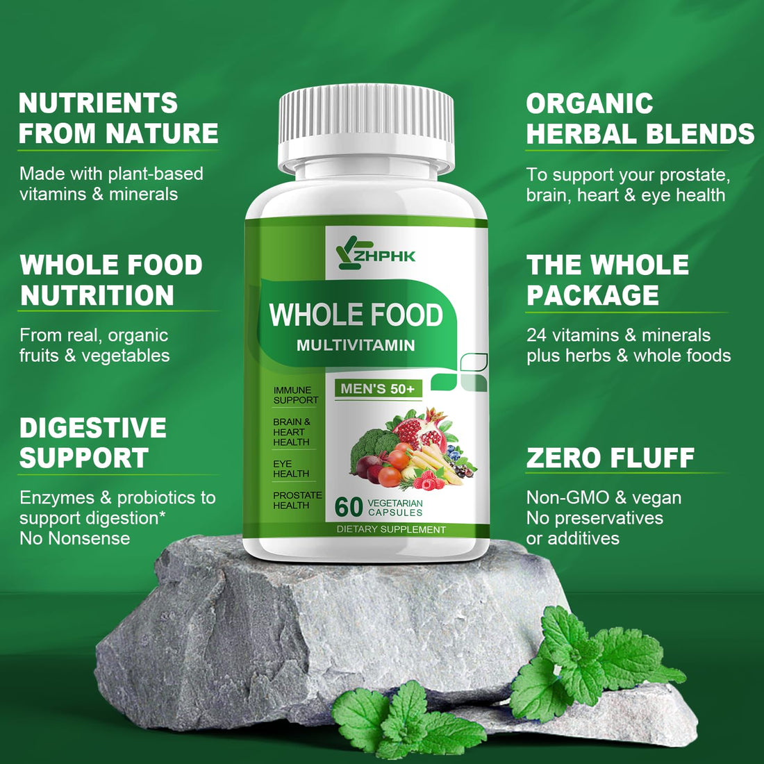 ZHPHK Mens Multivitamins 50 Plus, Whole Food Multivitamin Organic Natural Foods Mens Vitamins Multivitamin Men 50+ for Brain, Heart and Eye Health, Improve Digestion & Prostate Health, 60 Capsules