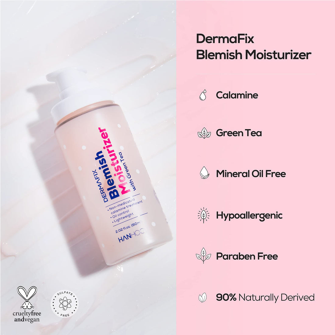 Hanhoo Dermafix Blemish Moisturizer, 2.02 Fl. Oz., with Calamine, Green Tea, and Aloe, Lightweight Daily Facial Moisturizer, for Oily, Acne-Prone Skin, Moisturizer for Acne Regimen, Korean Skincare