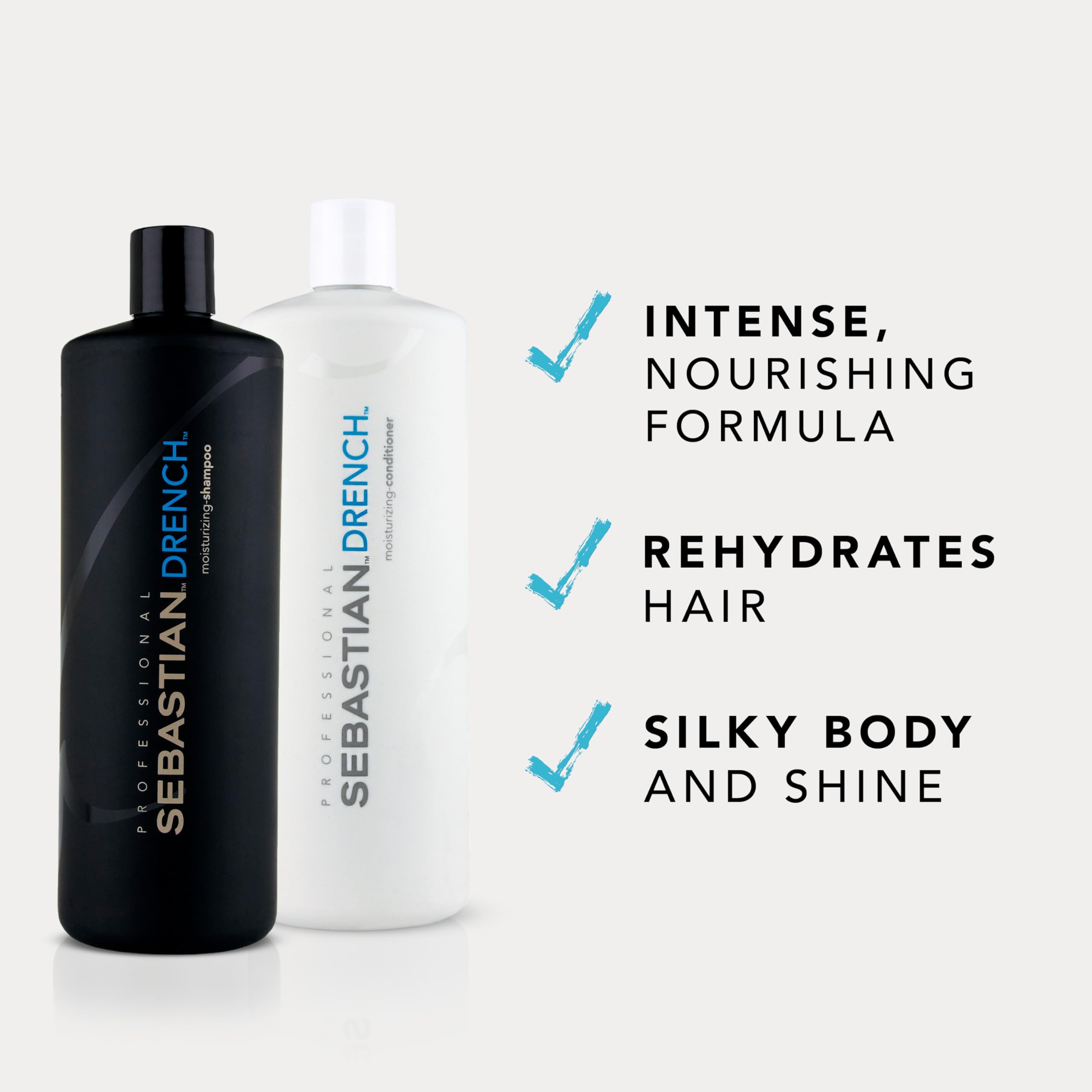 Sebastian Professional Drench Shampoo & Conditioner Duo Set | 33.8 Fl Oz Liter Bottles Prepack with Pumps Included | Intense Hydration | Deep Moisturizing for Dry, Frizzy & Chemically Treated Hair