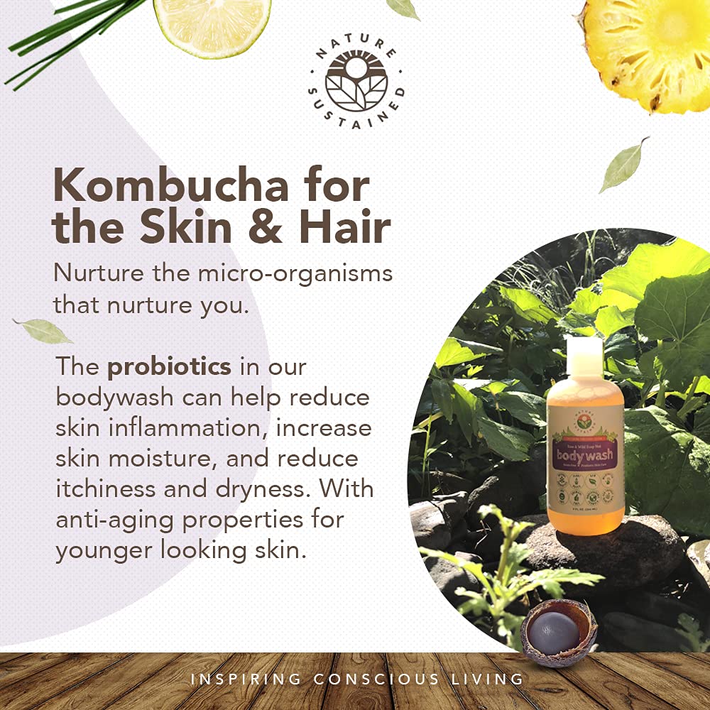 Nature Sustained Lemongrass Organic Body Wash - All Natural Probiotic Soothing Skin Care Body Soap & Face Wash - Raw Wildcrafted Hydrating Sulfate Free Mild Bodywash for Sensitive & Dry Skin - 9 Oz