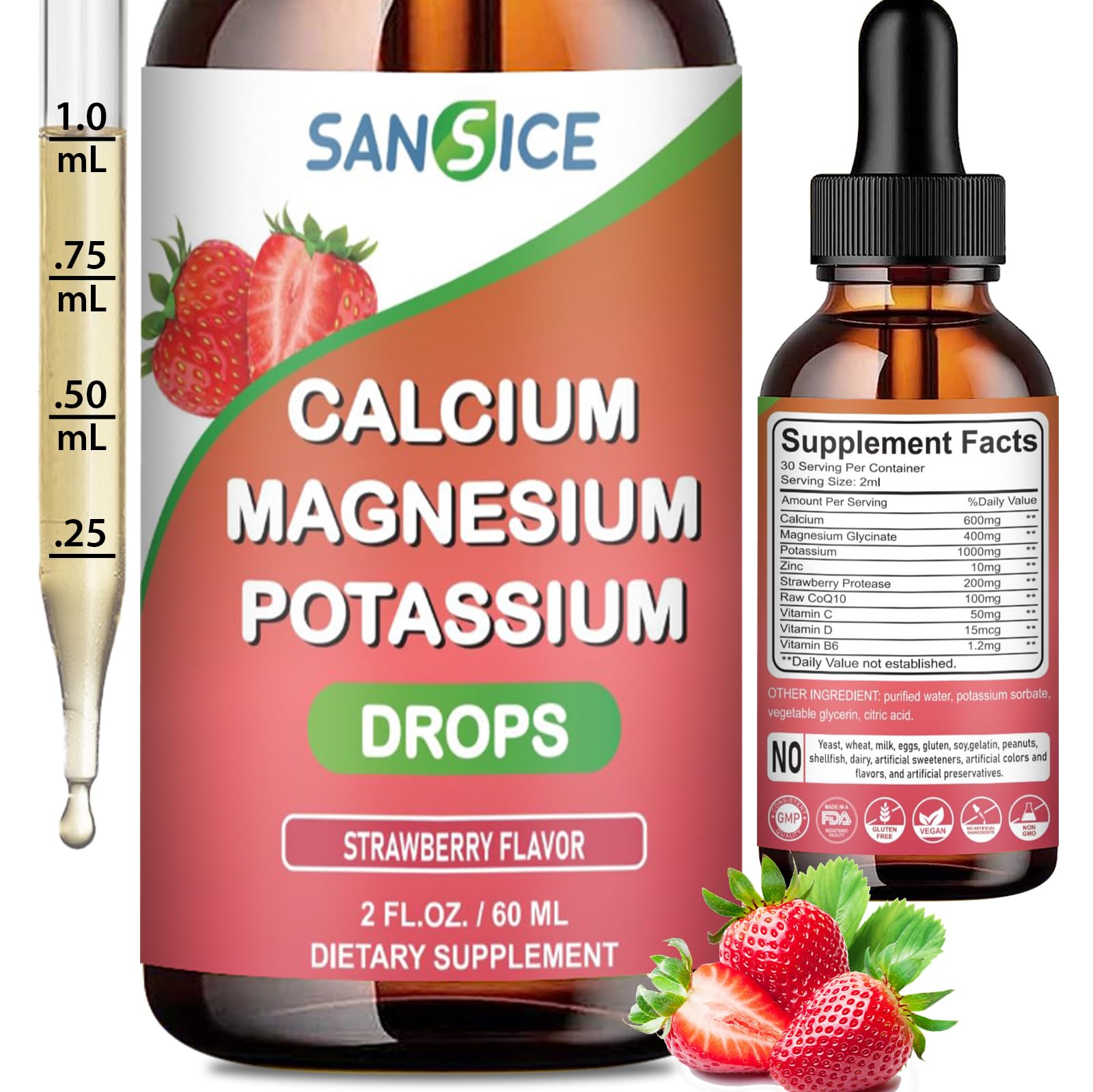 SANSICE Calcium Magnesium Potassium Supplements, Magnesium Glycinate 400mg Zinc Multivitamin Drops Calcium Potassium Supplement High Absorption Vegan Non GMO (60ml/Strawberry Flavor)