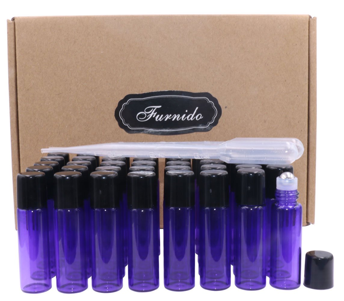Glass Roller Bottles,5ml(1/6oz) Purple 40 Pack Roll on Glass Bottles for Essential Oils Aromatherapy,Perfume Oils,Lip Balms,DIY Blends creations,with Stainless Steel Roller Ball Black Lid-FREE Dropper