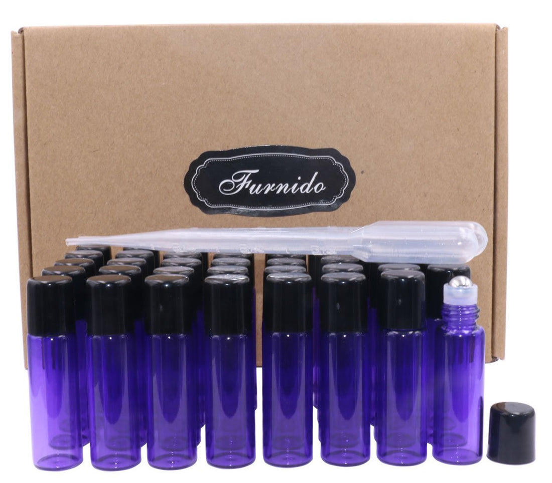 Glass Roller Bottles,5ml(1/6oz) Purple 40 Pack Roll on Glass Bottles for Essential Oils Aromatherapy,Perfume Oils,Lip Balms,DIY Blends creations,with Stainless Steel Roller Ball Black Lid-FREE Dropper