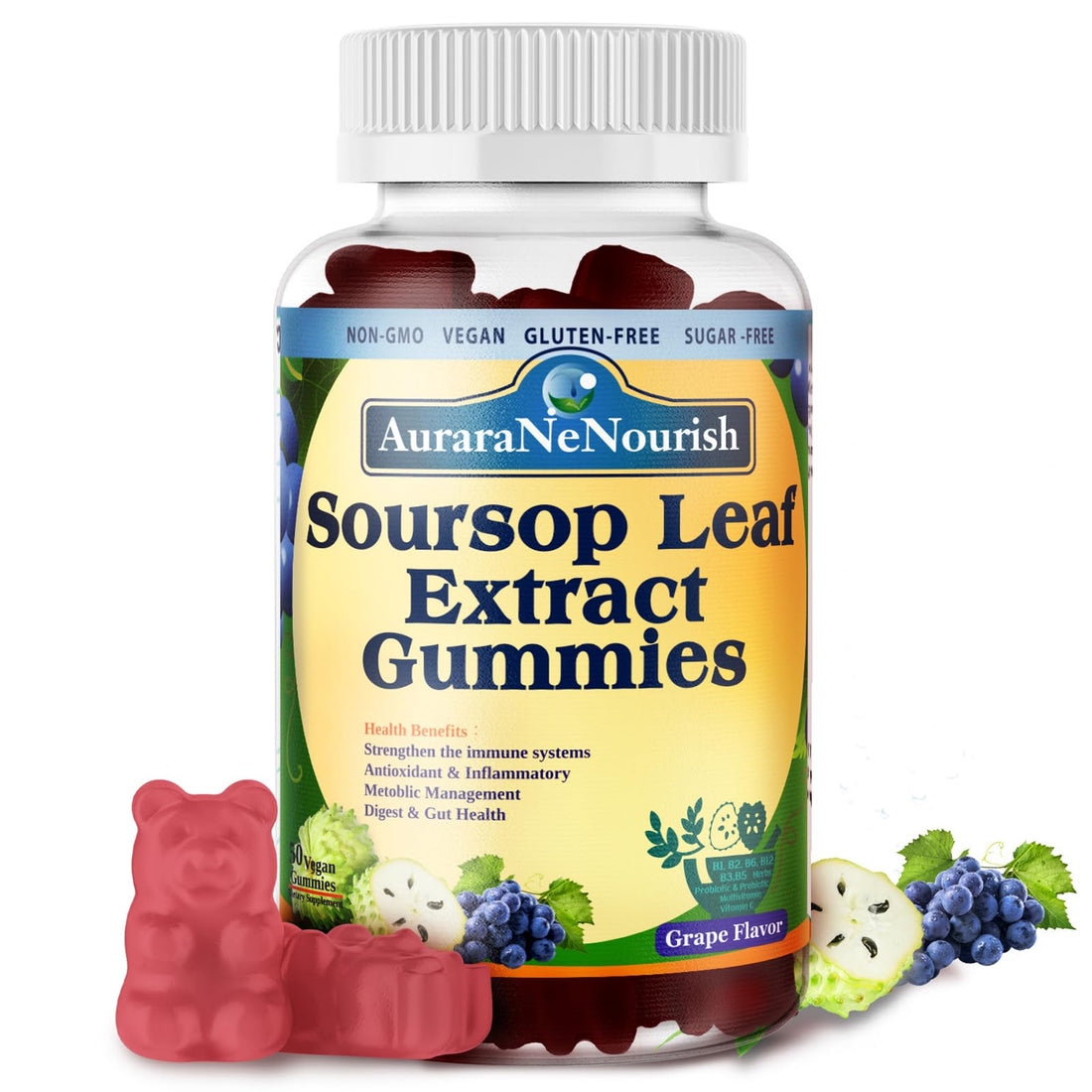 Sugar Free Soursop Gummies with Probiotics & Fiber 100 Billion CFUs, Organic Soursop Leave Extract with Vitamin C B-Complex for Digestive Gut Health, Energy Balance, Immune Boost