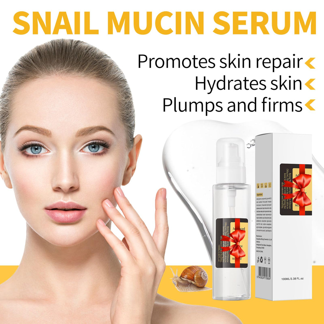 BYOTOUTY Snail Mucin Serum, Advanced Snail 96 Mucin Power Essence, Face Serum for Women & Men, Facial Snail Mucin Repairing Essence for Moisturizer, Hydrating, Anti Aging, 3.38 Fl Oz/100ml