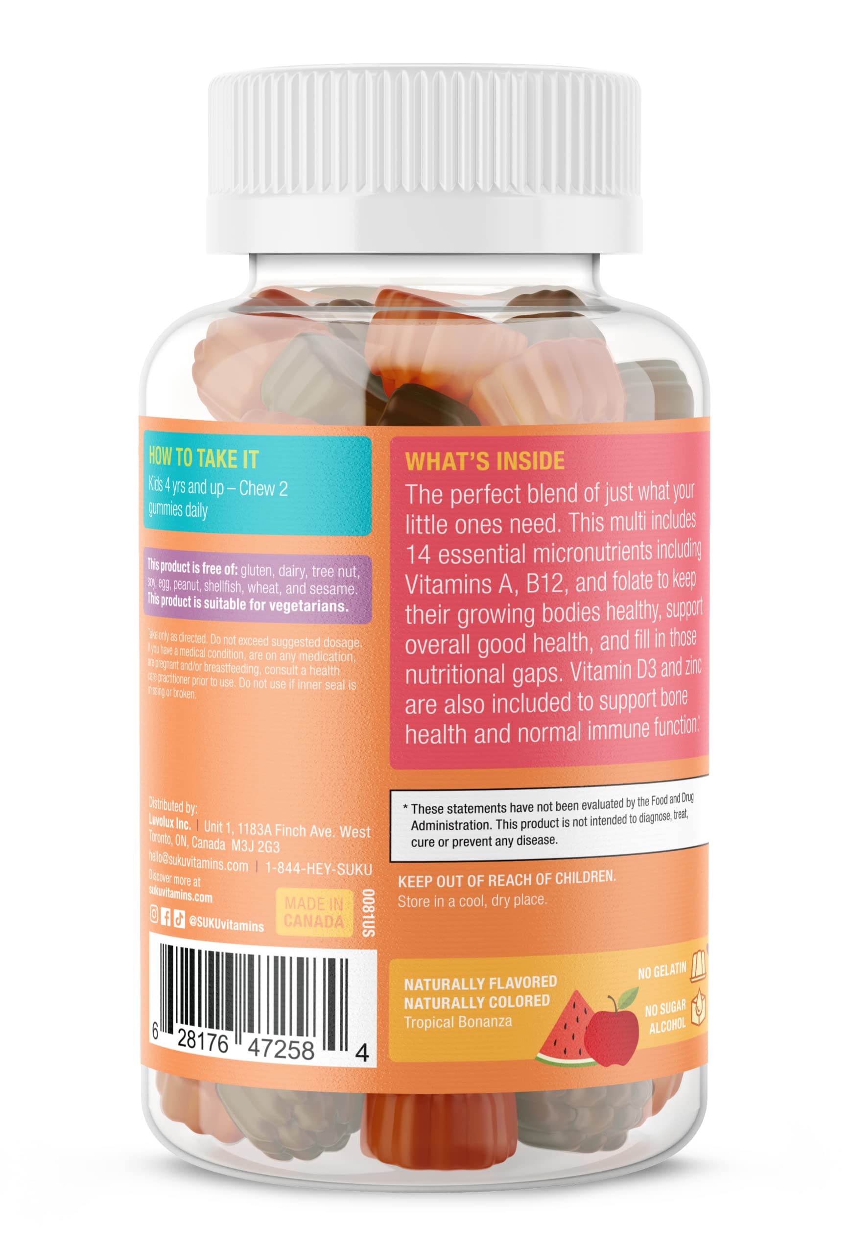 SUKU Vitamins - The Complete Kids Multi - Vitamin A, Folate, Zinc Gummies for Immunity Support -Easy to Chew- NonGMO, Allergen Gluten Sugar Free - Tropical Bonanza Flavored Gummy Vitamins - 60 Count