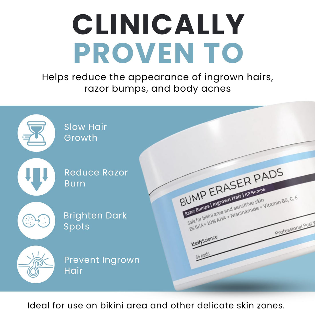 Ingrown Hair Pads with Glycolic Acid & Salicylic Acid – 55 Alcohol-Free Wipes for Bikini Area, KP Bumps & Strawberry Legs – Vegan & Cruelty-Free Exfoliating Pads