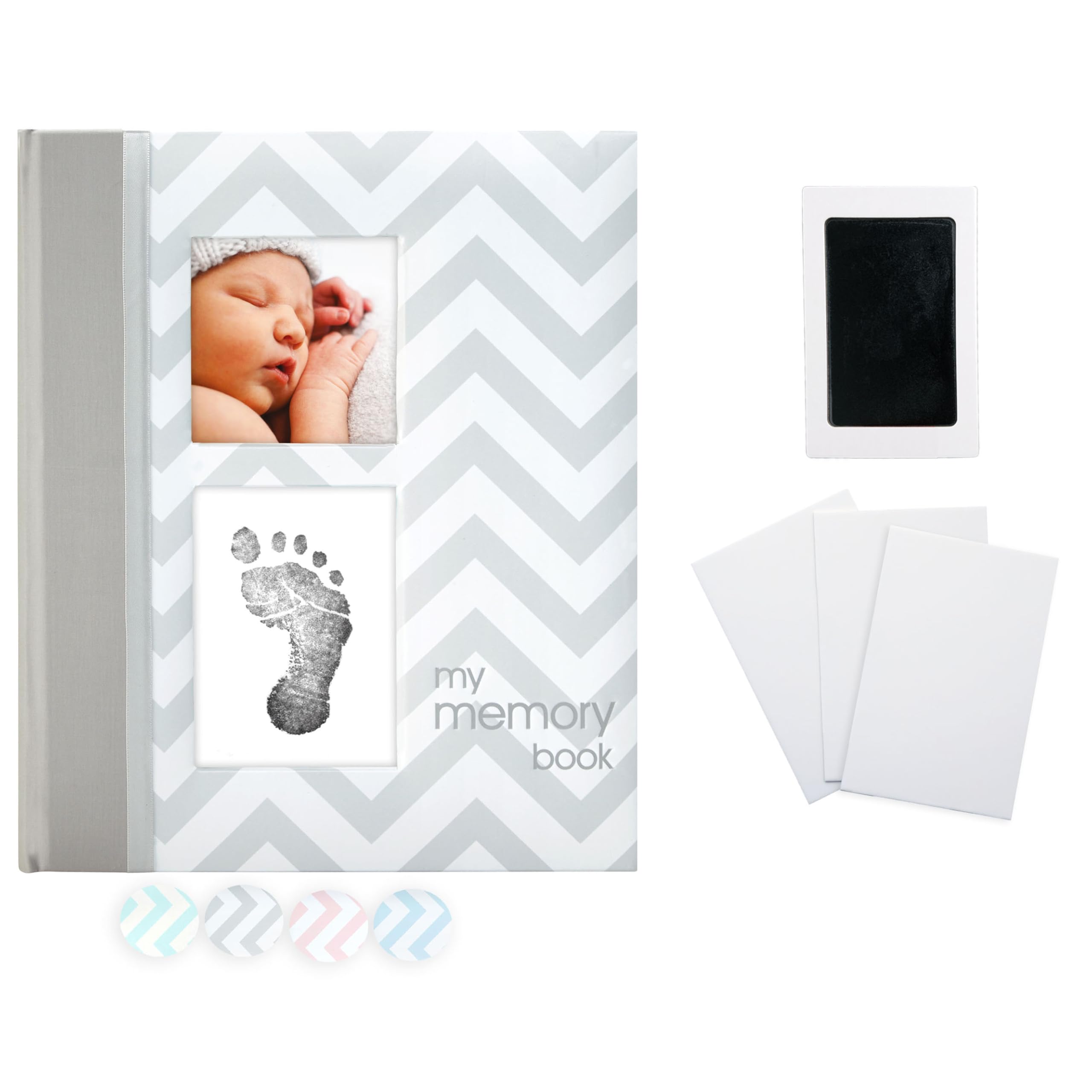 Pearhead First 5 Years Chevron Baby Memory Book, Clean-Touch Safe Ink Pad for Baby’s Handprint or Footprint, Gender Neutral Milestone And Pregnancy Gray