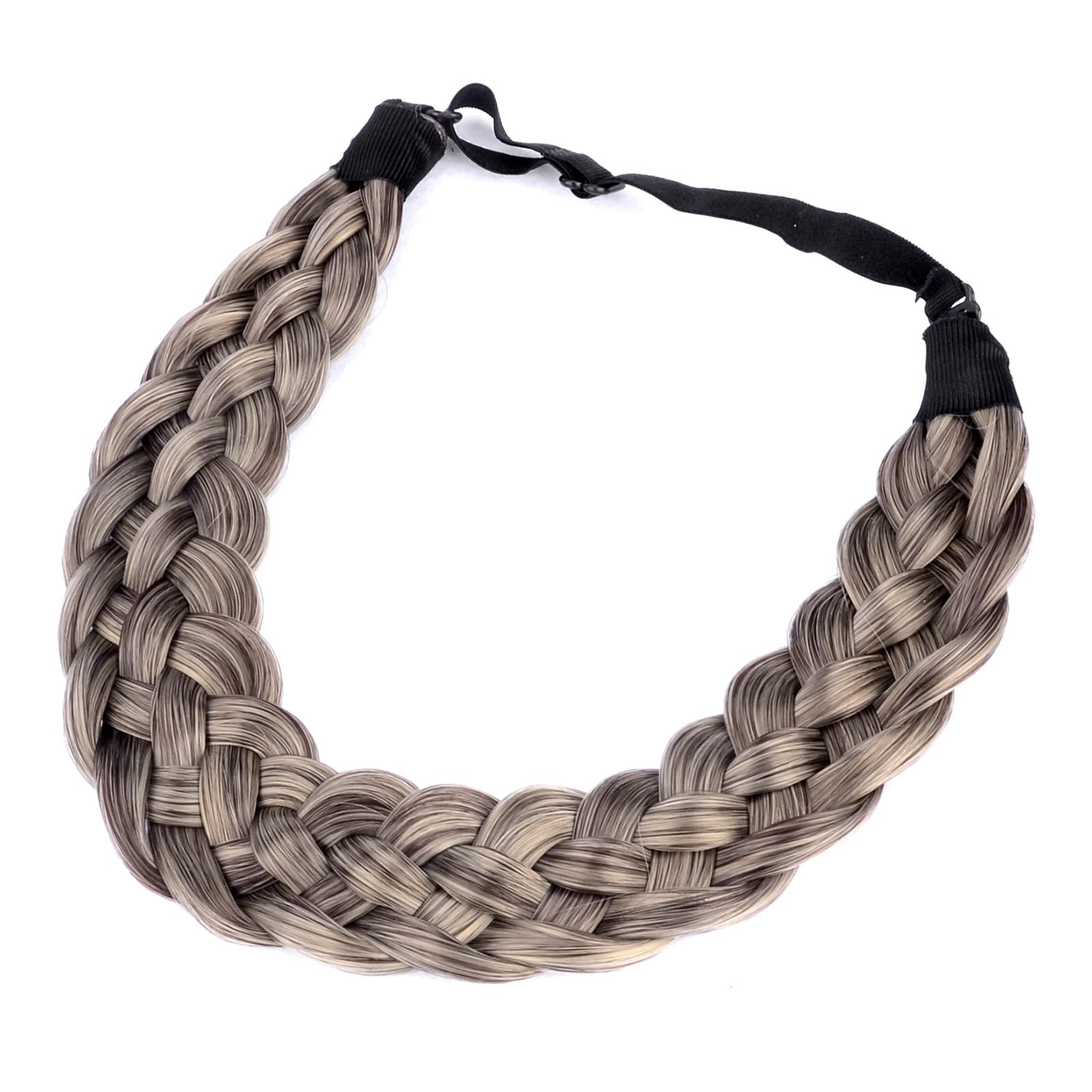 BOBIYA Synthetic Hair Braided Headband 5 Strands Classic Chunky Wide Plaited Braids Elastic Stretch Hairpiece for Women Girl Beauty Accessory, 56g (Gray Brown)