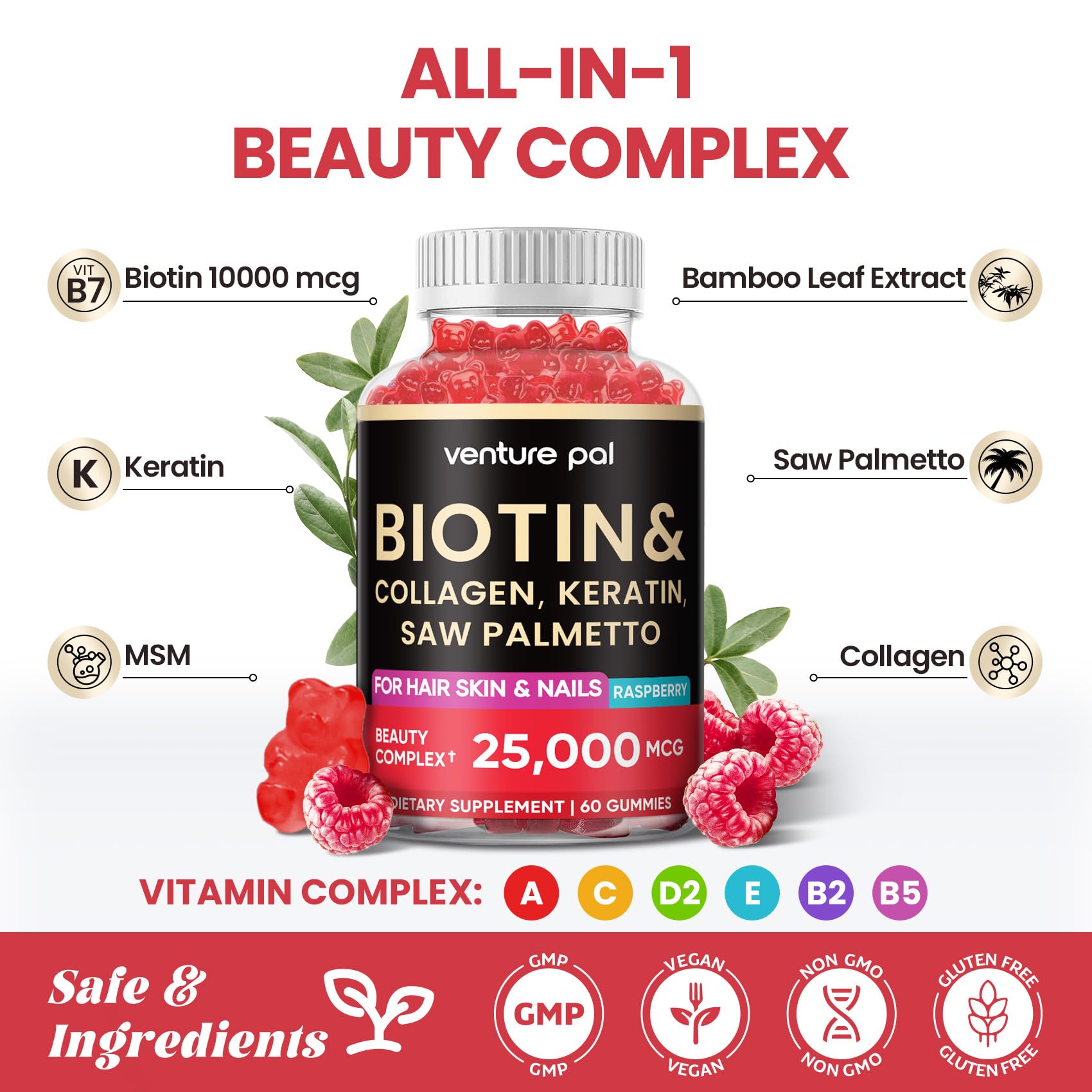 Venture Pal Biotin Gummies 10,000 mcg for Hair Skin and Nails, Collagen, Keratin, Saw Palmetto, Supports Hair Growth, Stronger Nails & Healthy Skin for Women & Men, Non-GMO, Gluten-Free, 60ct