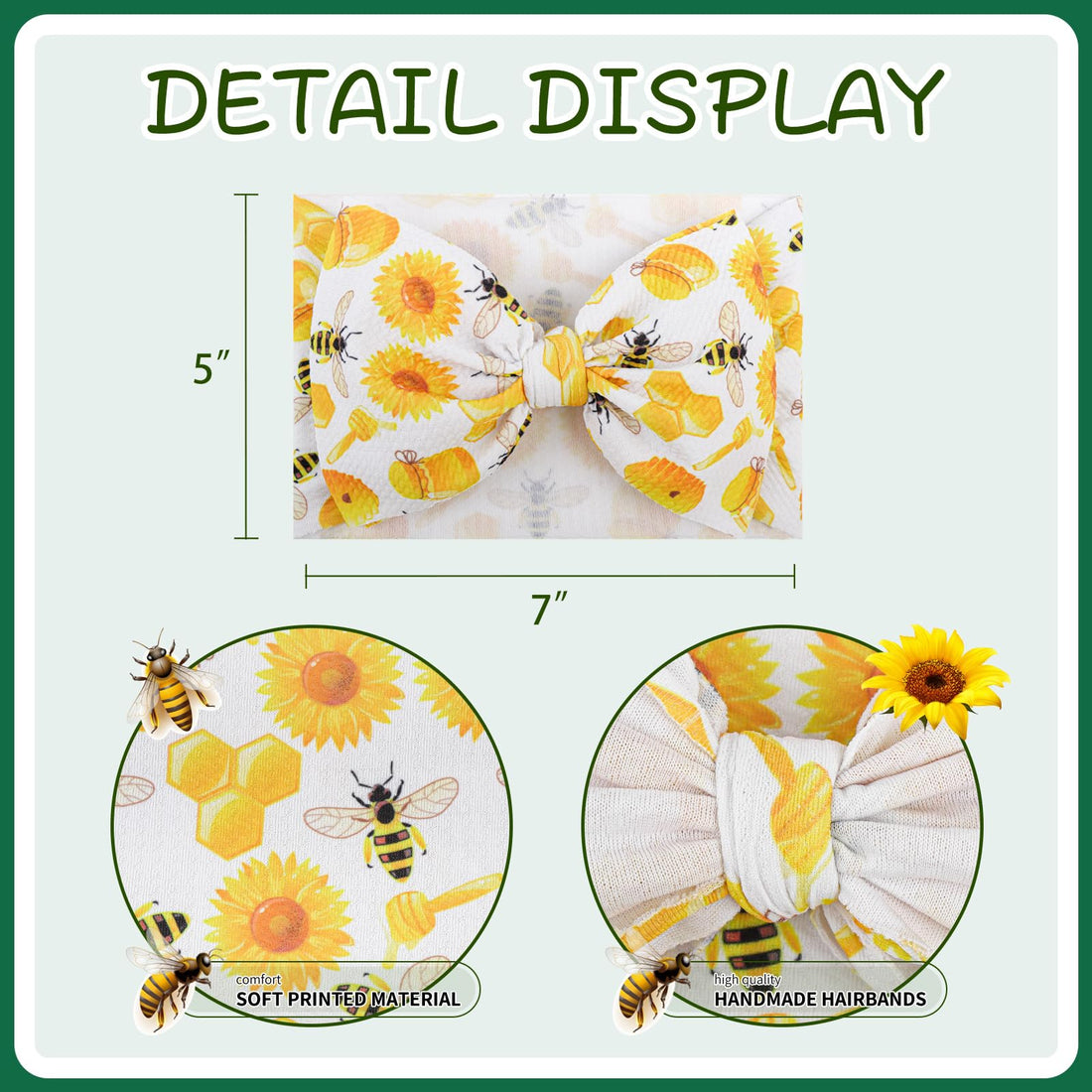 YanJie Hairband, Baby Girls Headband with Bow, Sunflower Printed, Wide Headbands, Elastic Hair Bow Headwrap, Knotted Headband, Newborn Infant Toddlers Hair Accessories, Bee, 2 Count