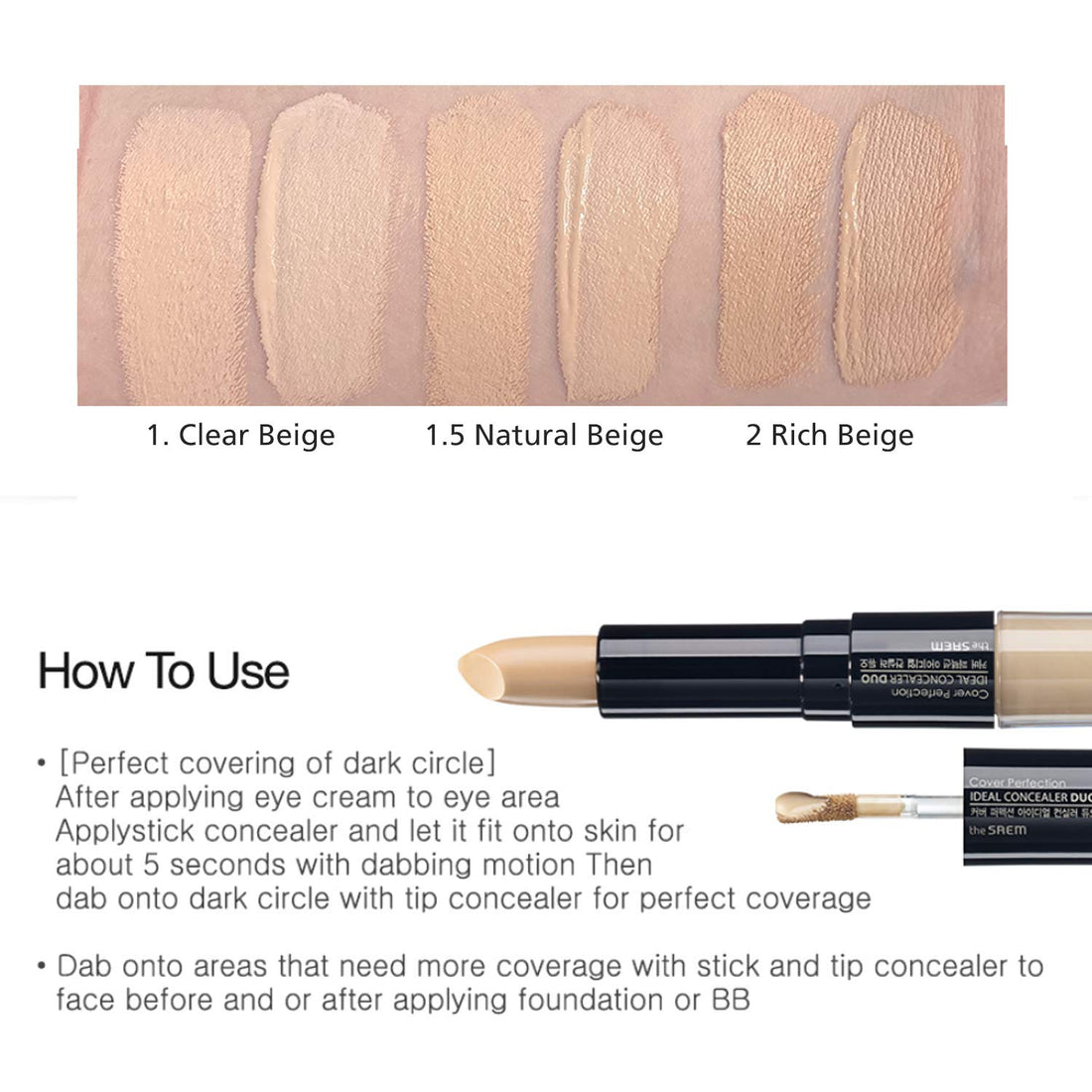 [the SAEM] Cover Perfection Ideal Concealer Duo - 3 Colors (#2 Rich Beige) - Dual Type Strong Coverage Concealer, High Adherence, No Cluumping in Wrinkles, Sun Protection