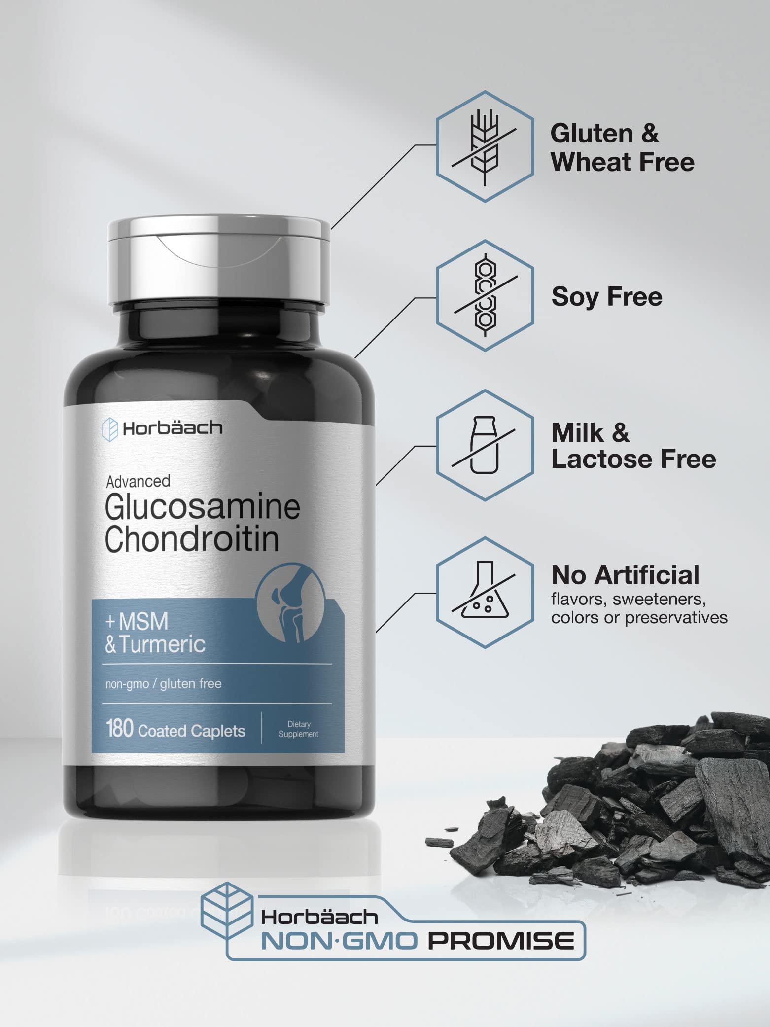 Horbäach Glucosamine Chondroitin | Plus MSM & Turmeric | 180 Coated Caplets | Non-GMO, Gluten Free Supplement