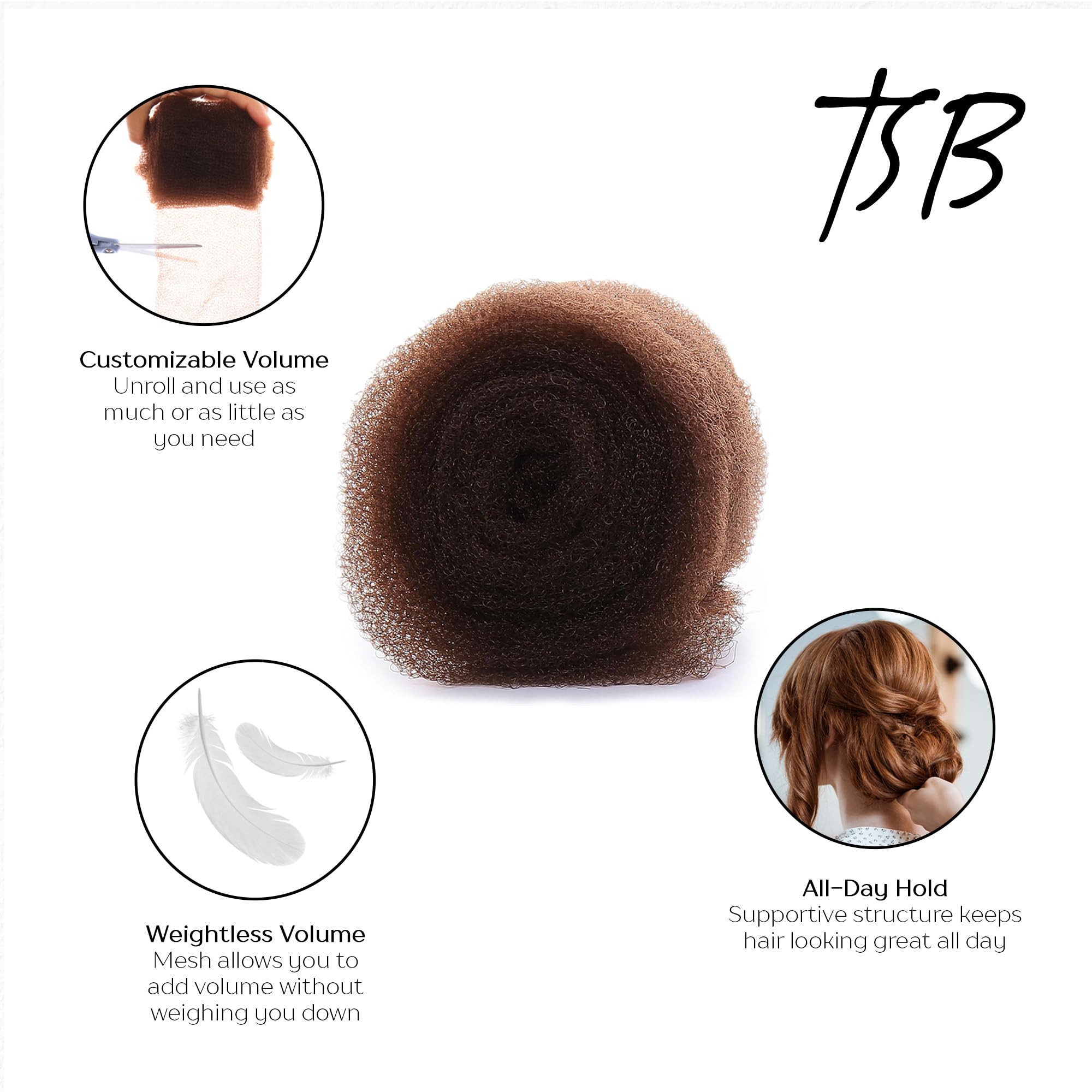 TSB Hair Filler, Brown, 1 Pack - Patent Pending Hair Filler - Ultimate Hair Bun Maker, Volume Hair Bumps Tool - Perfect for Brides, Performers - Non-Irritating, All-Day Hold