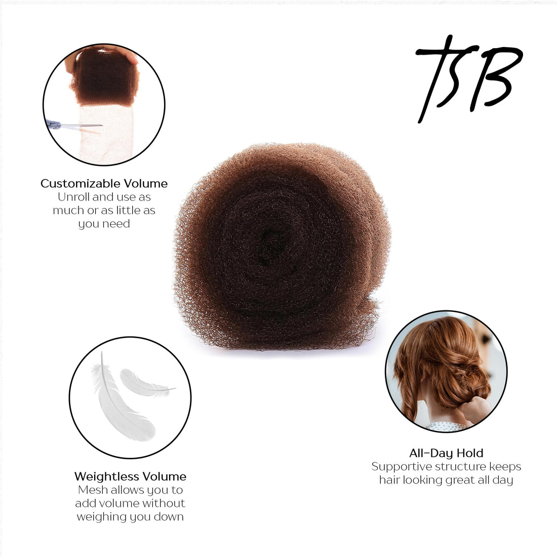 TSB Hair Filler, Brown, 1 Pack - Patent Pending Hair Filler - Ultimate Hair Bun Maker, Volume Hair Bumps Tool - Perfect for Brides, Performers - Non-Irritating, All-Day Hold