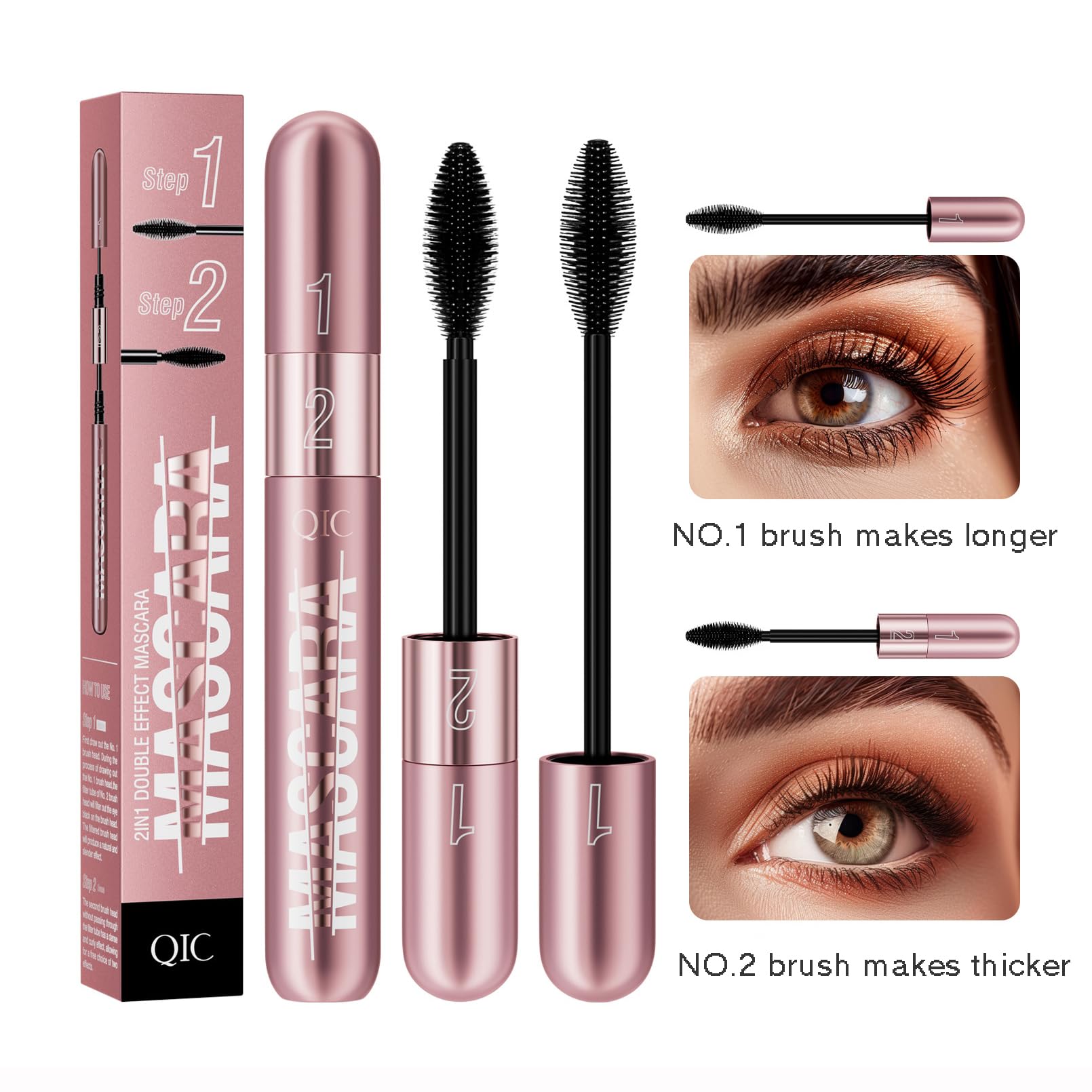 2Pcs 2 Step Lengthening & Volumizing Tubing Mascara, Smudge-Proof, Clump-Free, 2 in 1 Mascara For Natural Lengthening And Thickening Effect, Black Mascara