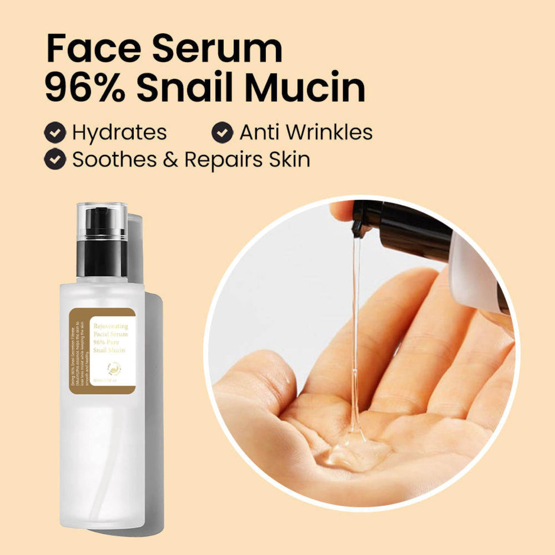 Snail Mucin Serum Luxury Korean 96% Snail Facial Serum Filtrate for skincare, Hydrating Serum For Dry Dull Face Skin and Wrinkles Power Repairing Essence For Face - GoldSnailRX