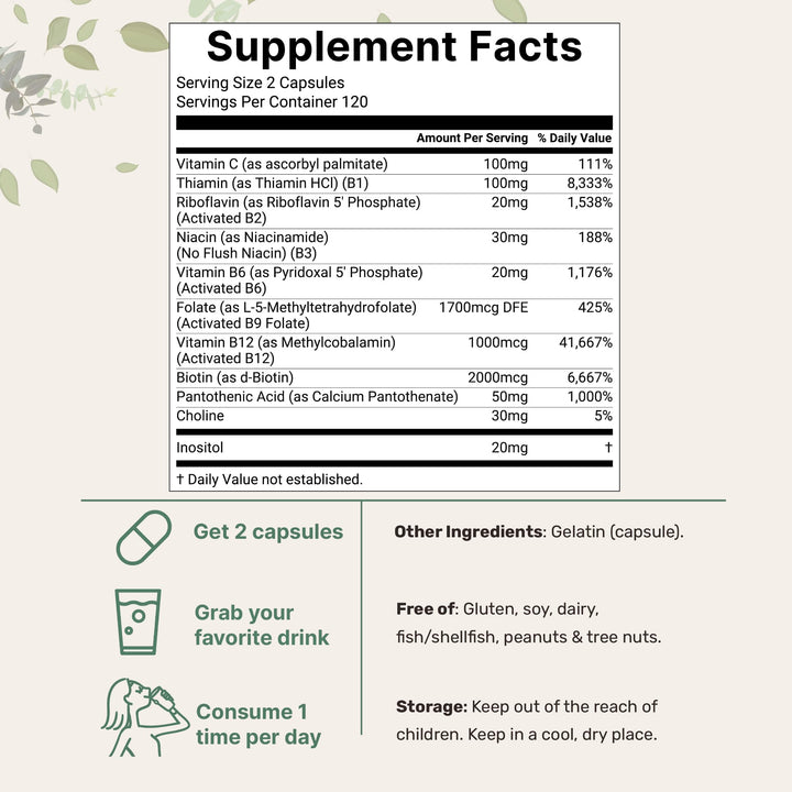 Methylated B Complex | 240 Pure Capsules with High Absorption Fat-Soluble Vitamin C | 11-in-1 with Vitamins B12, Thiamin, Folate + Inositol, Choline, & More | Only Active Ingredients | Filler Free