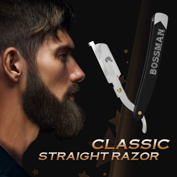 Bossman Professional Barber Straight Razor - Straight Edge Shaving Razors for Men - Classic Straight Razors for Men - Men’s Razor with Double Sided Blade