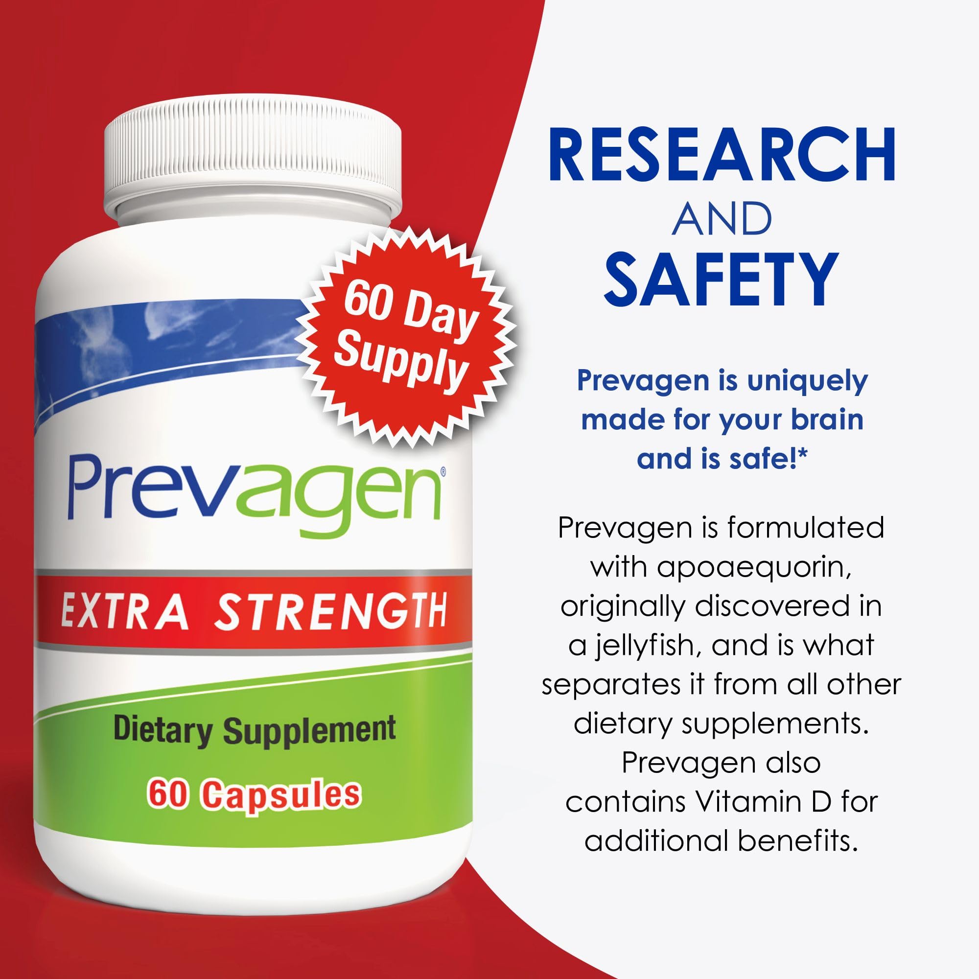 Prevagen Extra Strength 20mg, 60 Capsules |1 Pack| with Apoaequorin & Vitamin D with Attractive and Stackable Prevagen Storage Box