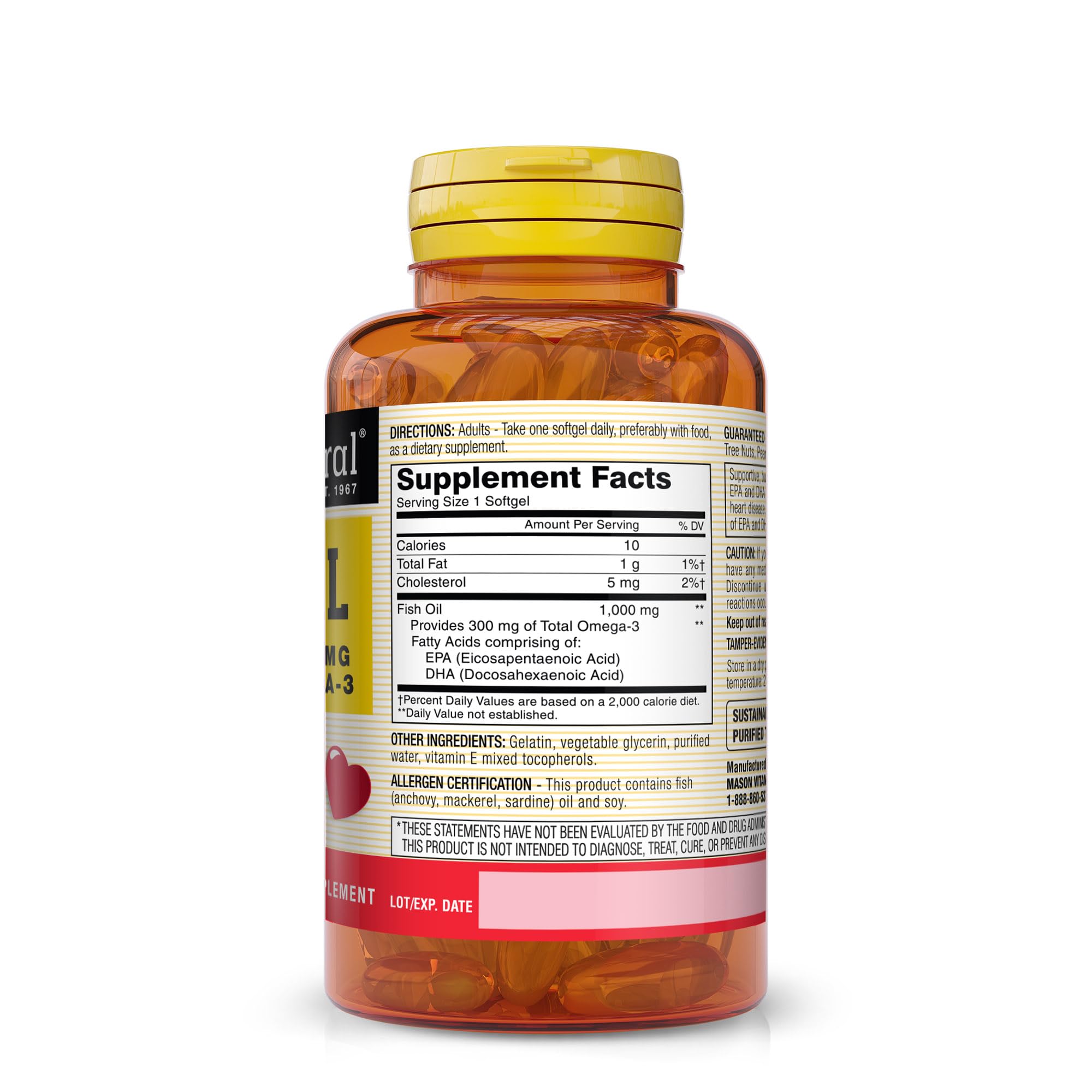 MASON NATURAL Omega-3 Fish Oil, 180-Day Supply, 1000mg with EPA and DHA for Joint Support, 60 Softgel Pills (Pack of 3)