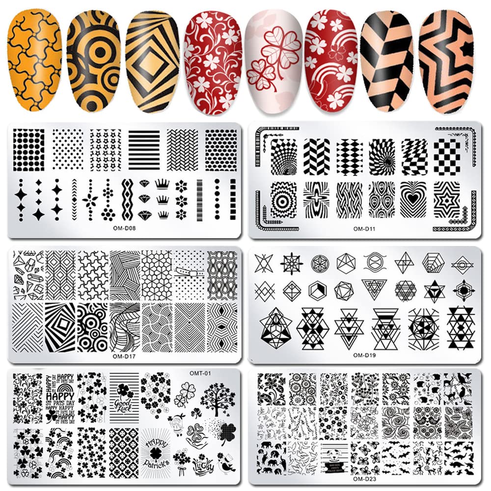 WOKOTO 6Pcs Nail Art Stamping Plates With Nail Stamper And Scraper Kit Geometry Unicorn Animal Flower Image Templates Stamping Nail Art Tools