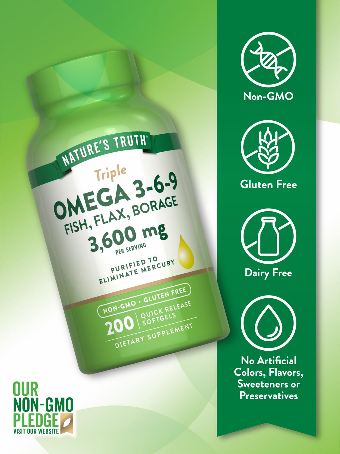 Nature's Truth Triple Omega 3 6 9 | 3600mg | 200 Softgels | Fish, Flax, Borage Oils Supplement | Non-GMO & Gluten Free Supplement