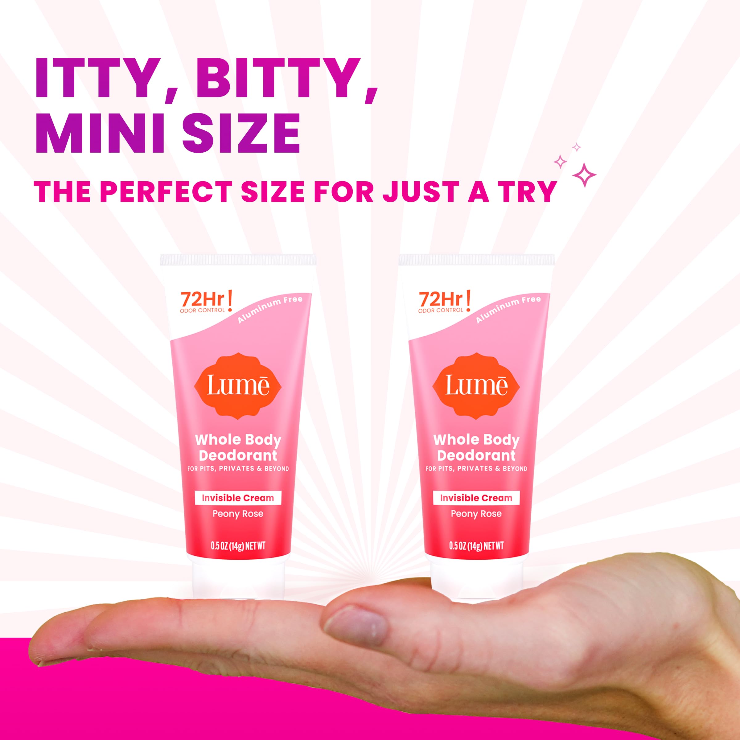 Lume Whole Body Deodorant - Mini Travel Size Invisible Cream Tube - Trial Size -72 Hour Odor Control - Doctor Developed - Aluminum Free, Baking Soda Free - .5oz (Pack of 2) (Peony Rose)