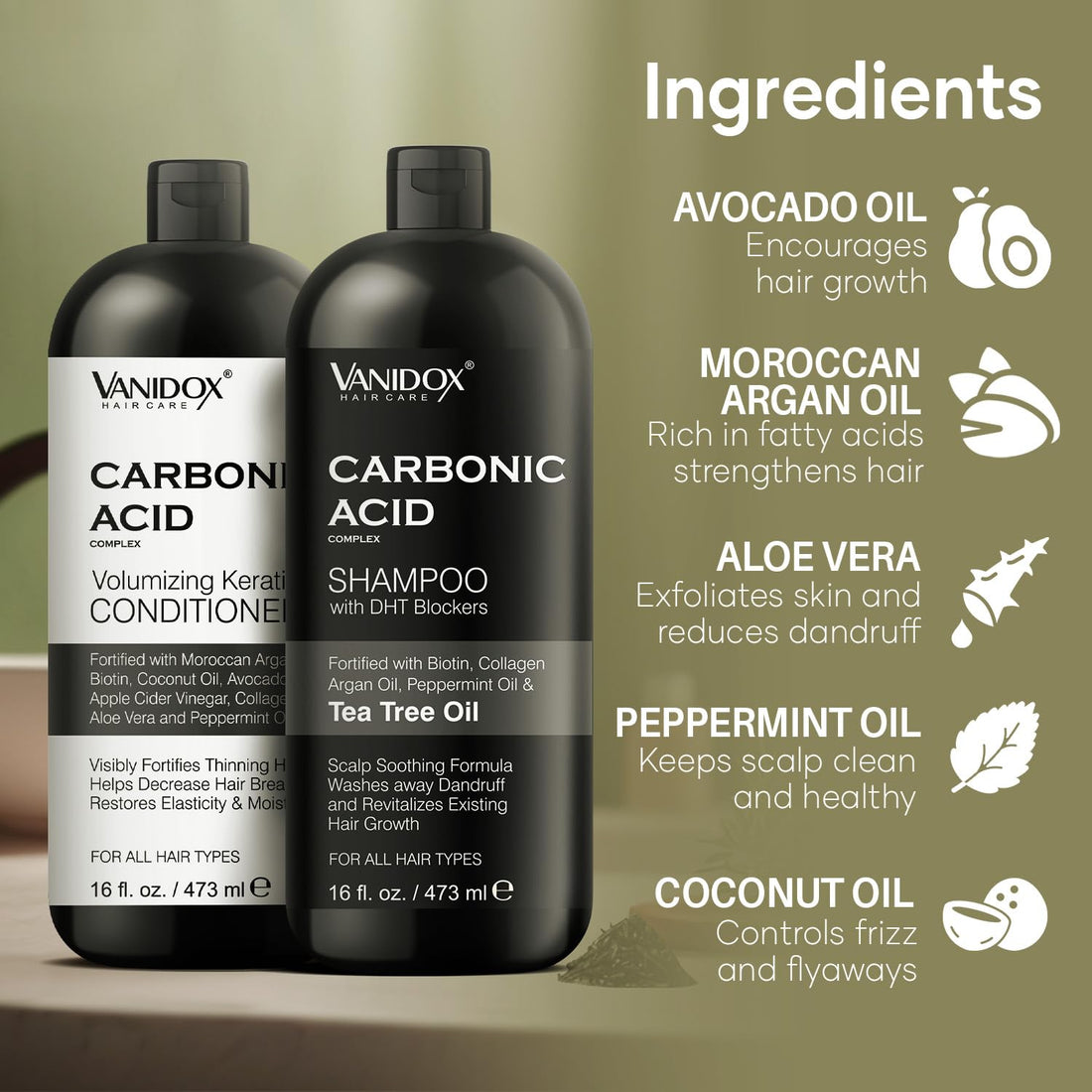 VANIDOX Carbonic Acid Shampoo and Conditioner for Men and Women, Deep Moisturizing Conditioner, Thickens, Softens, & Smooths Set for Hair Growth and Repair, Made in USA - 16 Fl Oz Each