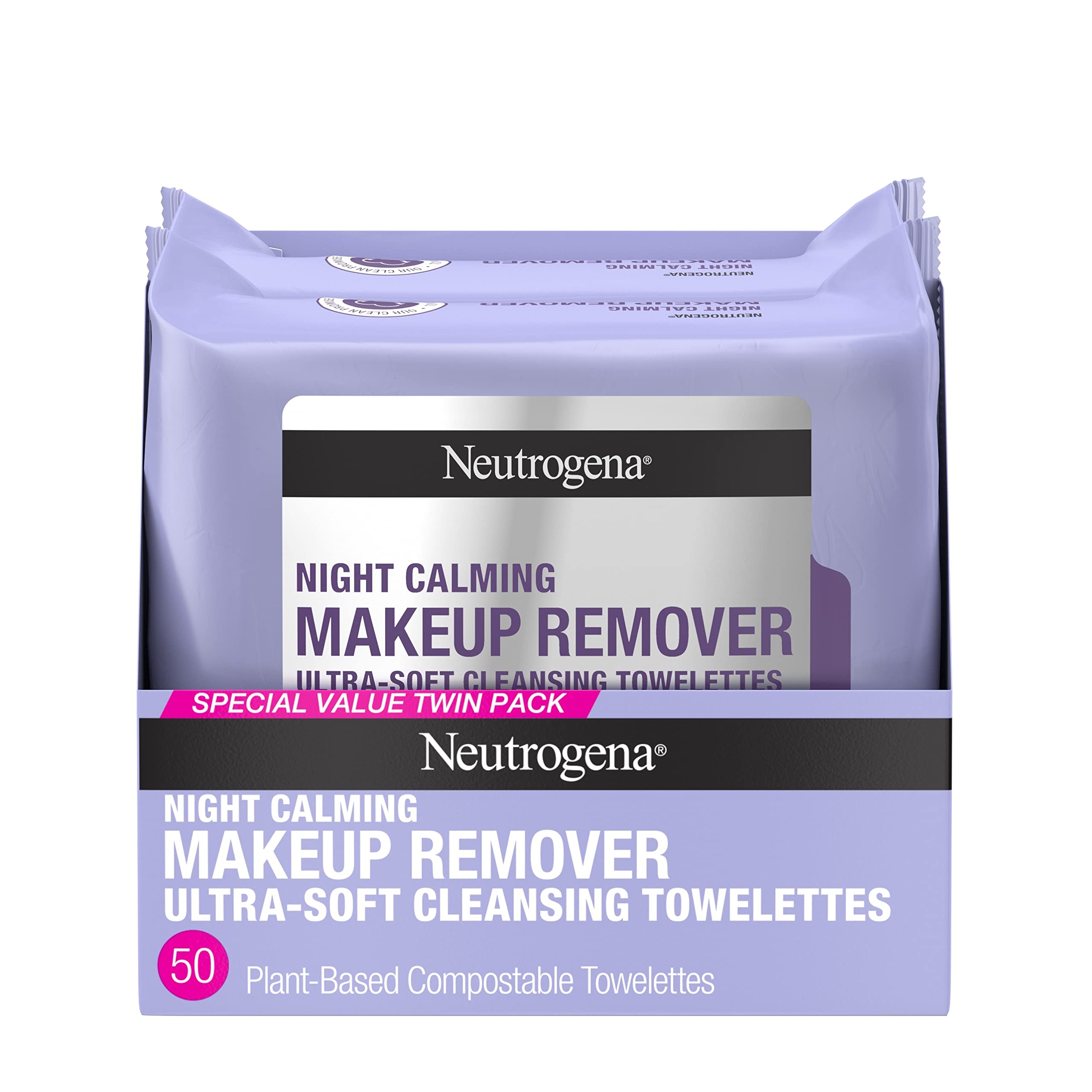 Neutrogena Day & Night Wipes with Makeup Remover Face Cleansing Towelettes & Night Calming Facial Cloths, Alcohol-Free Wipes to Remove Dirt, Oil & Waterproof Mascara, 3 Packs of 25 ct, 75 ct