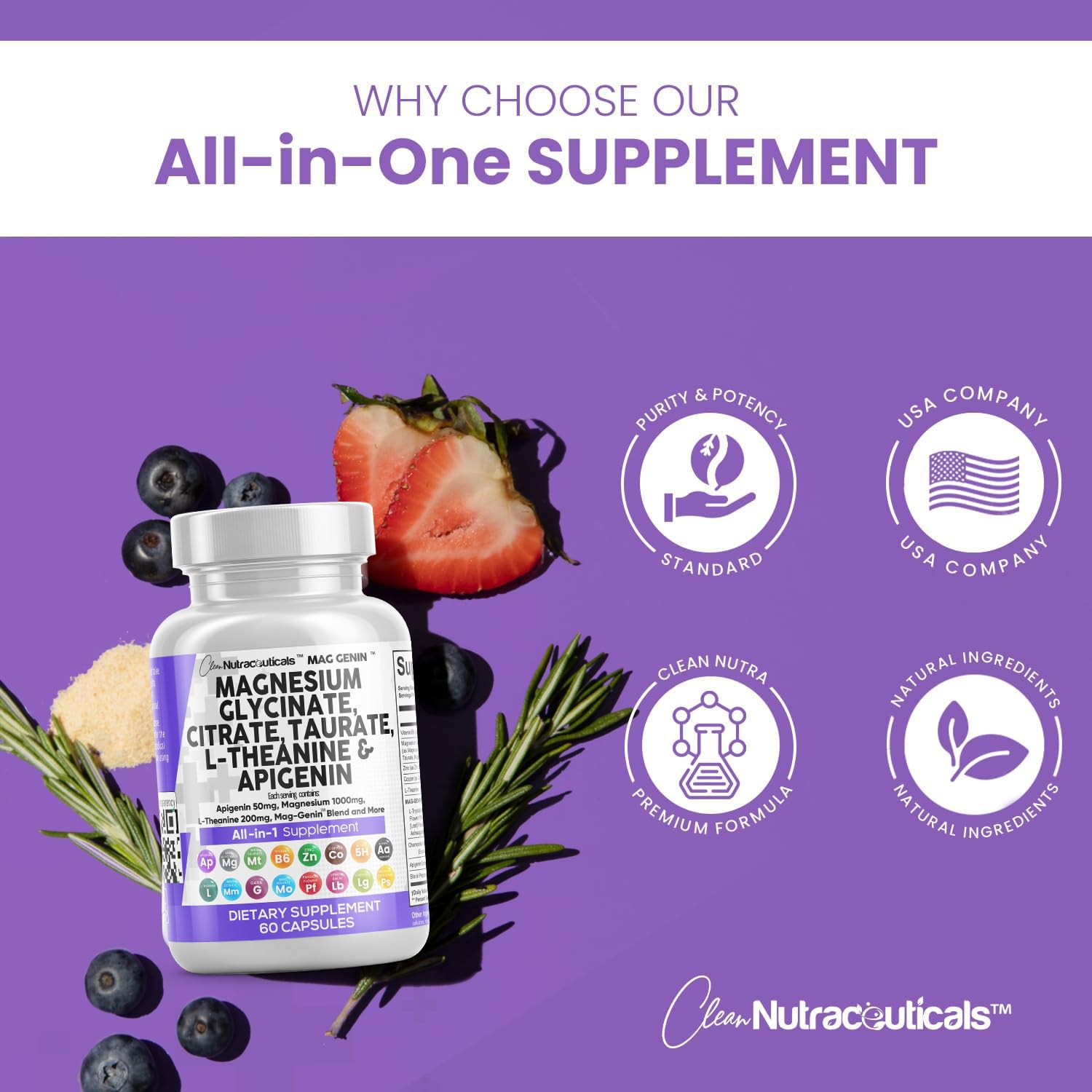Clean Nutraceuticals Magnesium Glycinate Complex 1000mg with L-Theanine 200mg Apigenin 50mg Citrate Taurate Supplement - 5-HTP GABA Passion Flower Lemon Balm L-Glycine Phosphatidylserine - 60 Count