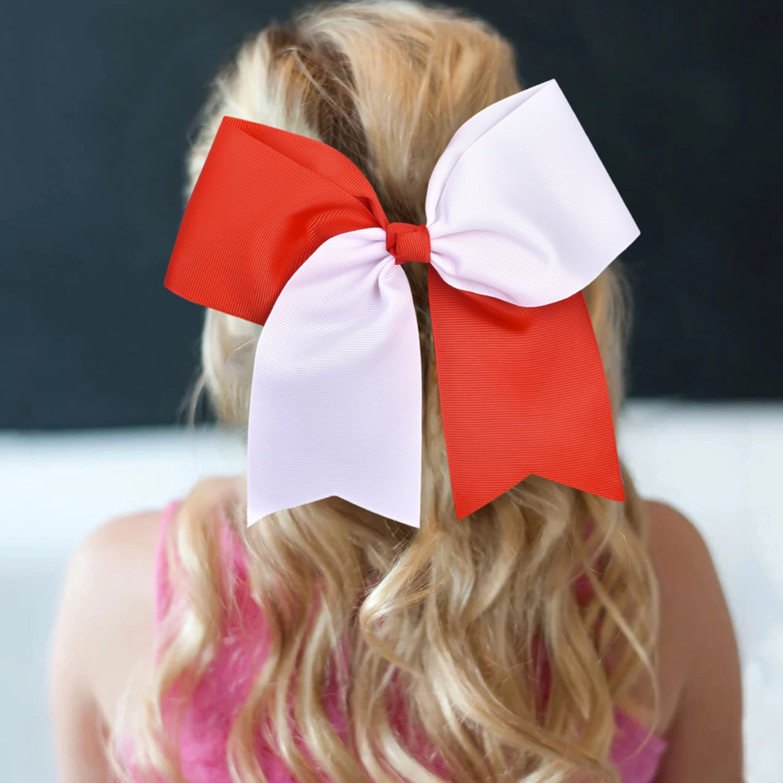 Aileam Red/White(12Pcs) : 12 Pcs Large Cheer Bows 8 Bulk Hair Bow Accessories With Ponytail Holder For Girls High School College Cheerleading