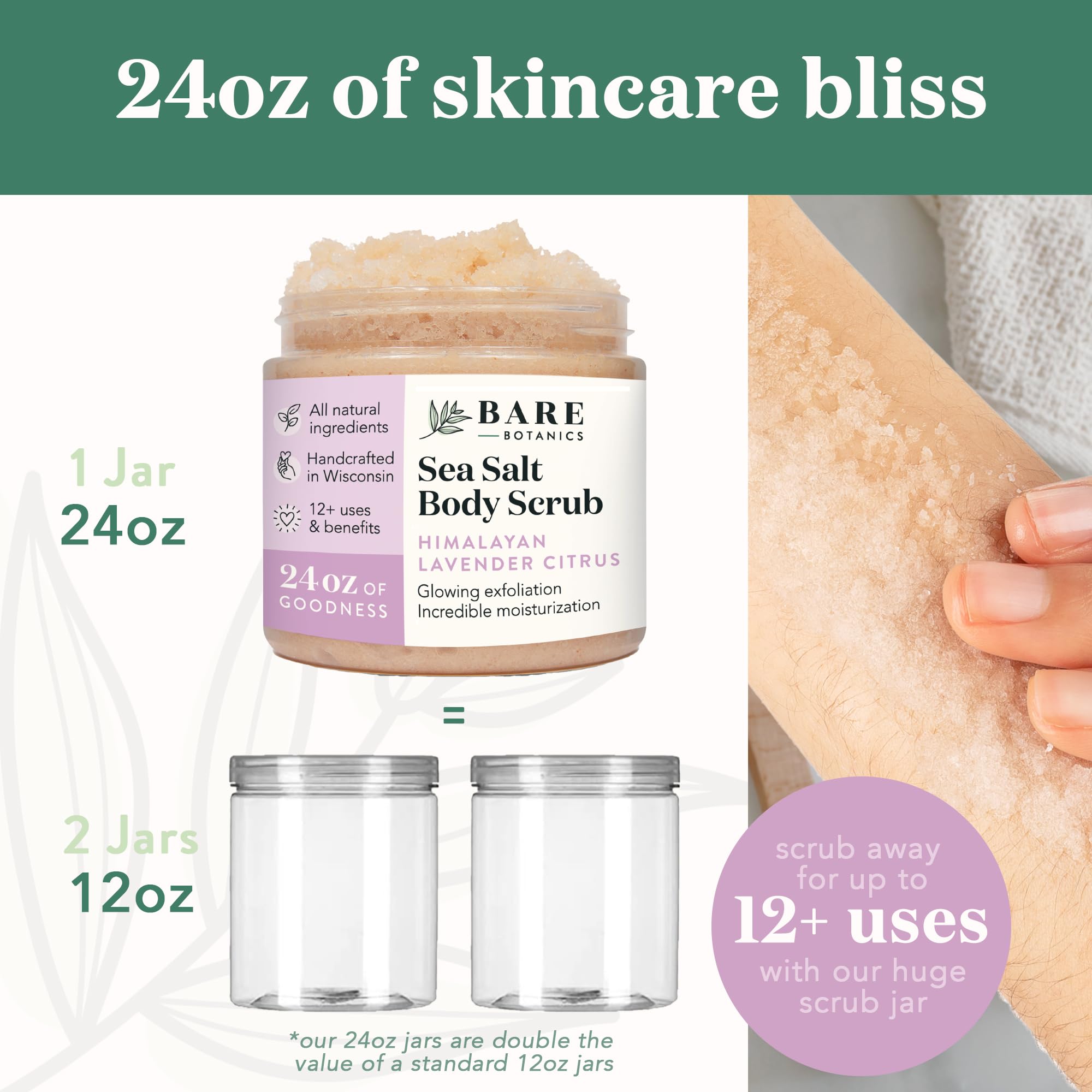 Bare Botanics Lavender Citrus Body Scrub 24oz | Made in Madison, WI | All Natural Himalayan Salt Exfoliator Skin Loving Moisturizers | Vegan & Cruelty Free | Gift Ready Packaging w/a Cute Wooden Spoon