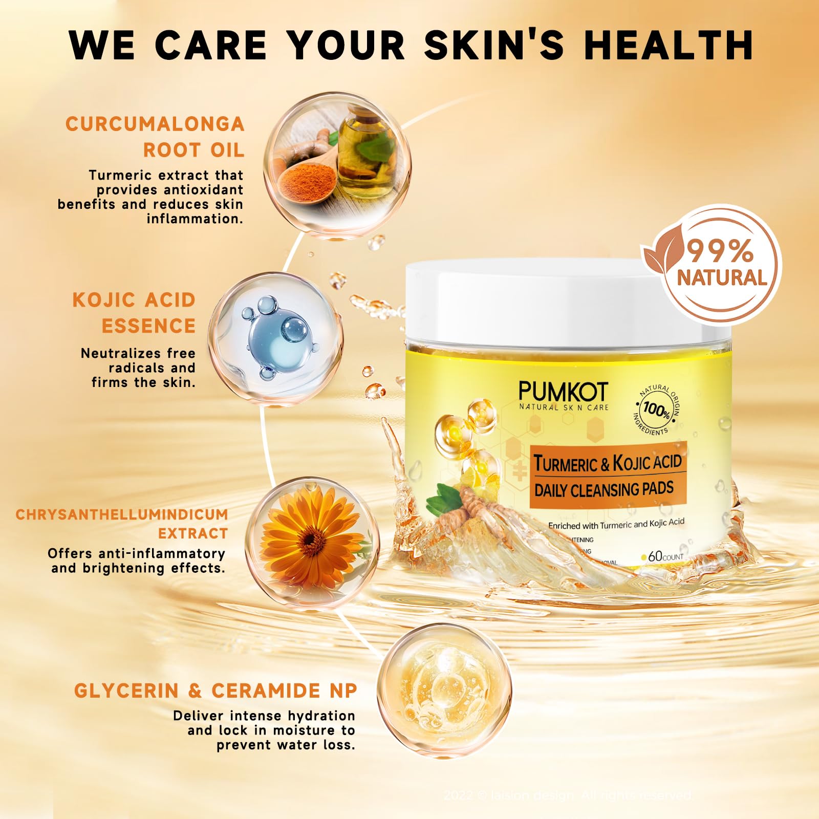 Turmeric Kojic Acid Cleansing Pads, Turmeric Face Scrub Pads Enriched with Kojic Acid and Turmeric, 60PCS